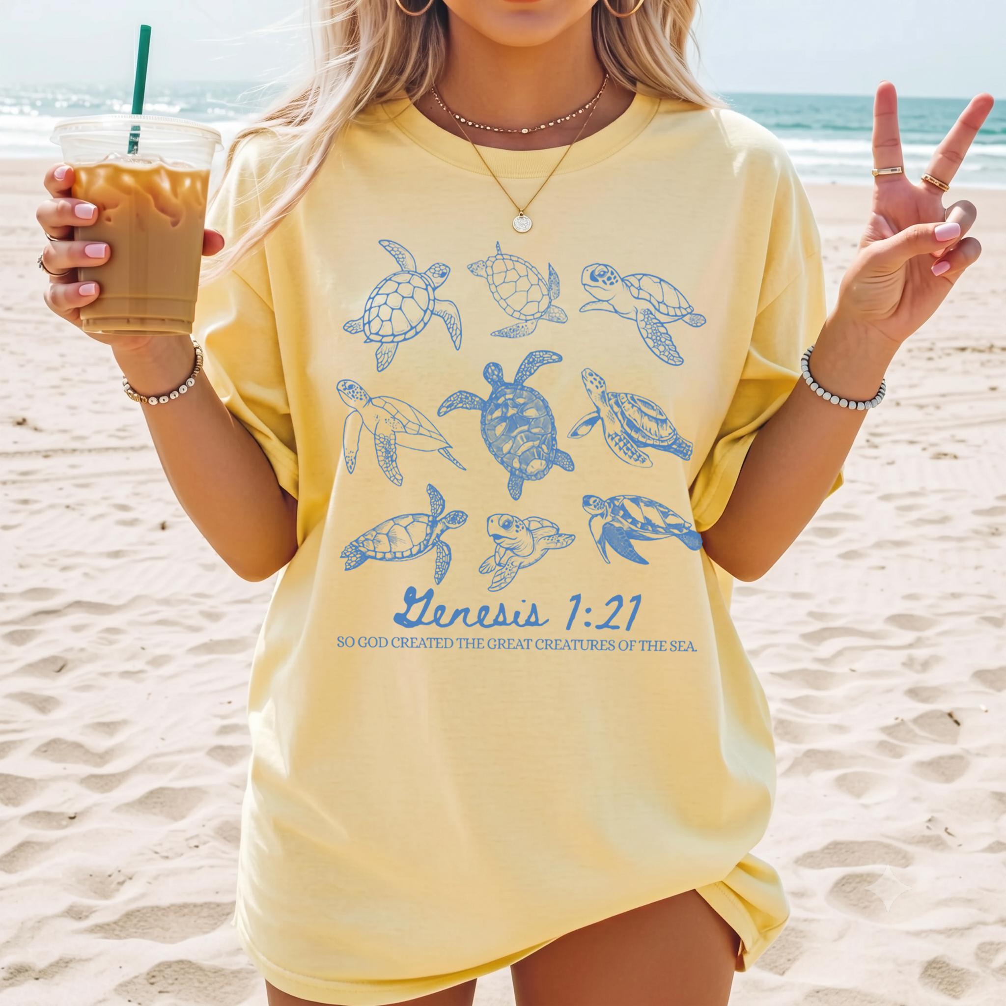 Genesis 1 21 Turtle T Shirt For Christian Beachcore Coastal Grandmother Aesthetic Pink Cotton Oversized Graphic Tee With Bible Verse Quote Ocean Sea Turtles Design Summer Bible Camp Vintage Washed Inspirational Faith Top Gifts