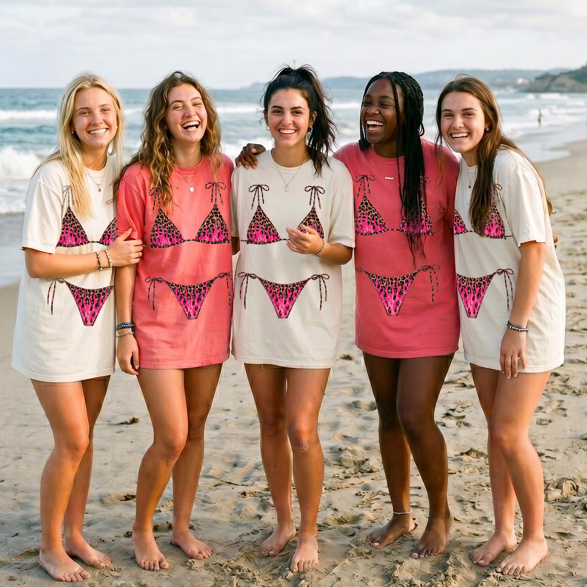 Leopard Flame Bikini Graphic Oversized Graphic T-Shirt For Women Y2k Edgy Festival Summer Novelty White Cotton Blend Tee Hot Pink Cheetah Print String Swimsuit Illusion Print Funny Bachelorette Party Top Trendy Streetwear
