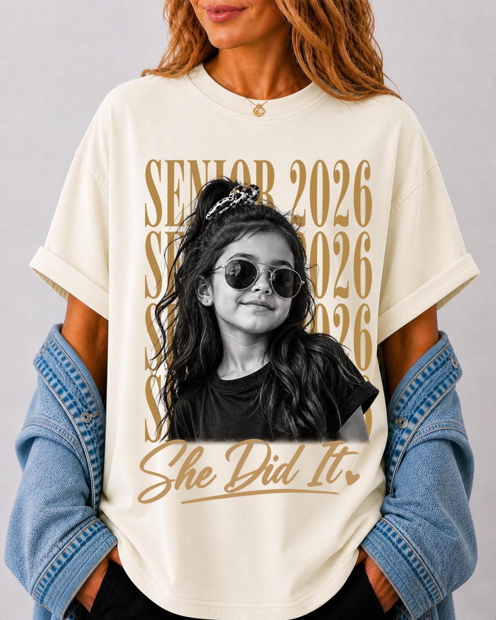 Women'S Custom Class Of 2026 Senior Apparel T-Shirt - Washed Black Ribbed Breathable Cotton Fabric, Round Neck, Childhood Photo Graphic, Retro 90s Casual Streetwear Aesthetic, Wrap Fit, Matching Personalized Graduation Gift For Moms