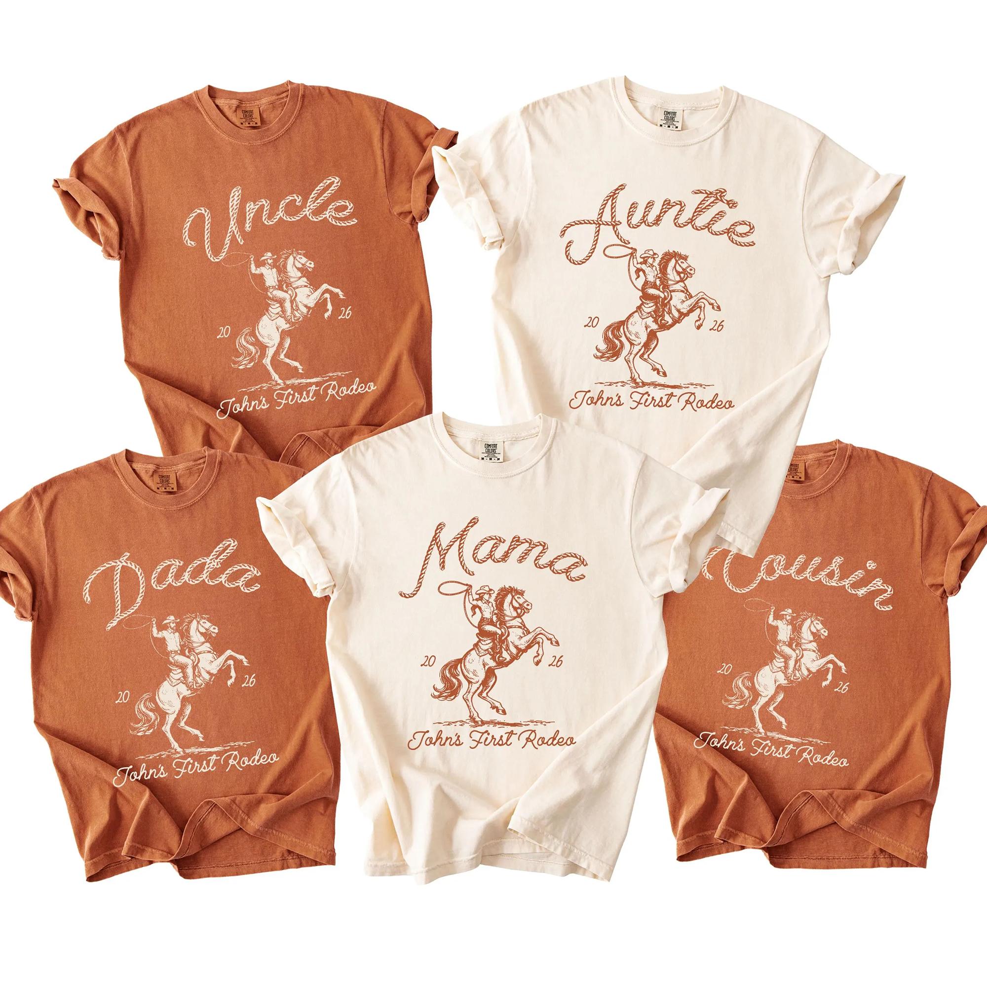 Personalized First Rodeo Family Matching Shirts Vintage Graphic T-Shirts Retro Western Cowboy Aesthetic Cream Cotton Tees First Rodeo Family Shirts Matching Mom Dad Western Shirts First Birthday Cowboy Outfit