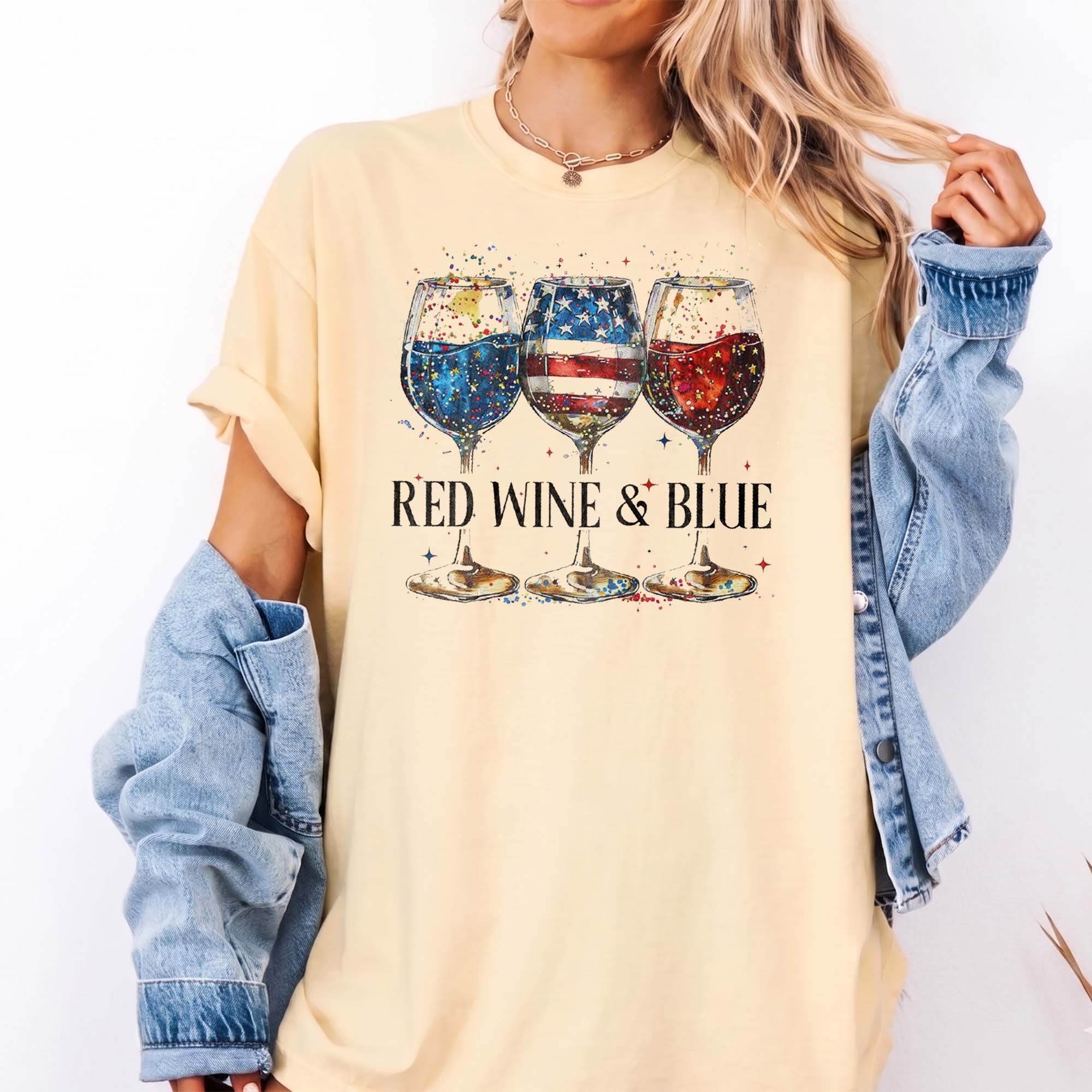 Red Wine & Blue Graphic T-Shirt Women'S Men'S Patriotic Retro Preppy Ivory Cotton Comfort Colors Tee 4th Of July Usa Flag Memorial Day Wine Lover Drinking Top Independence Day Summer Cookout Apparel Gift
