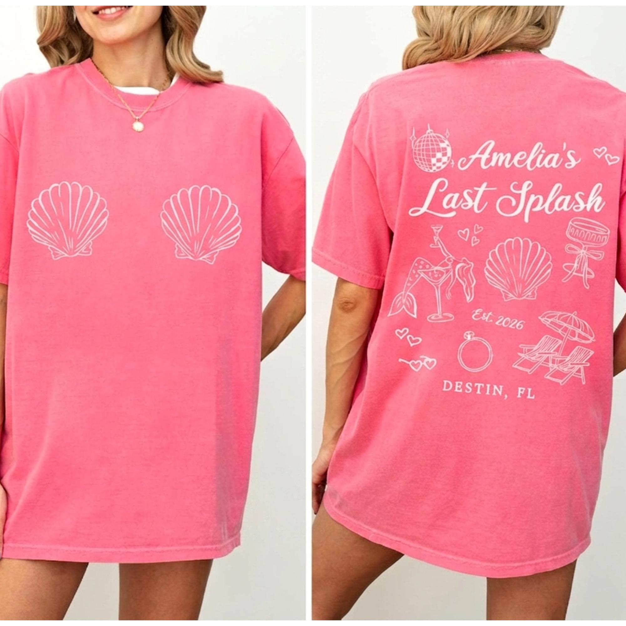 Women'S Personalized Oversized Graphic T-Shirt - Coastal Preppy Retro Vintage Streetwear, Ribbed Fabric, Matching Wrap Beach Cover Up For Bride, Destin Trip Last Splash Bachelorette, Navy Blue Cotton With Mermaid Seashell Disco Ball Graphics