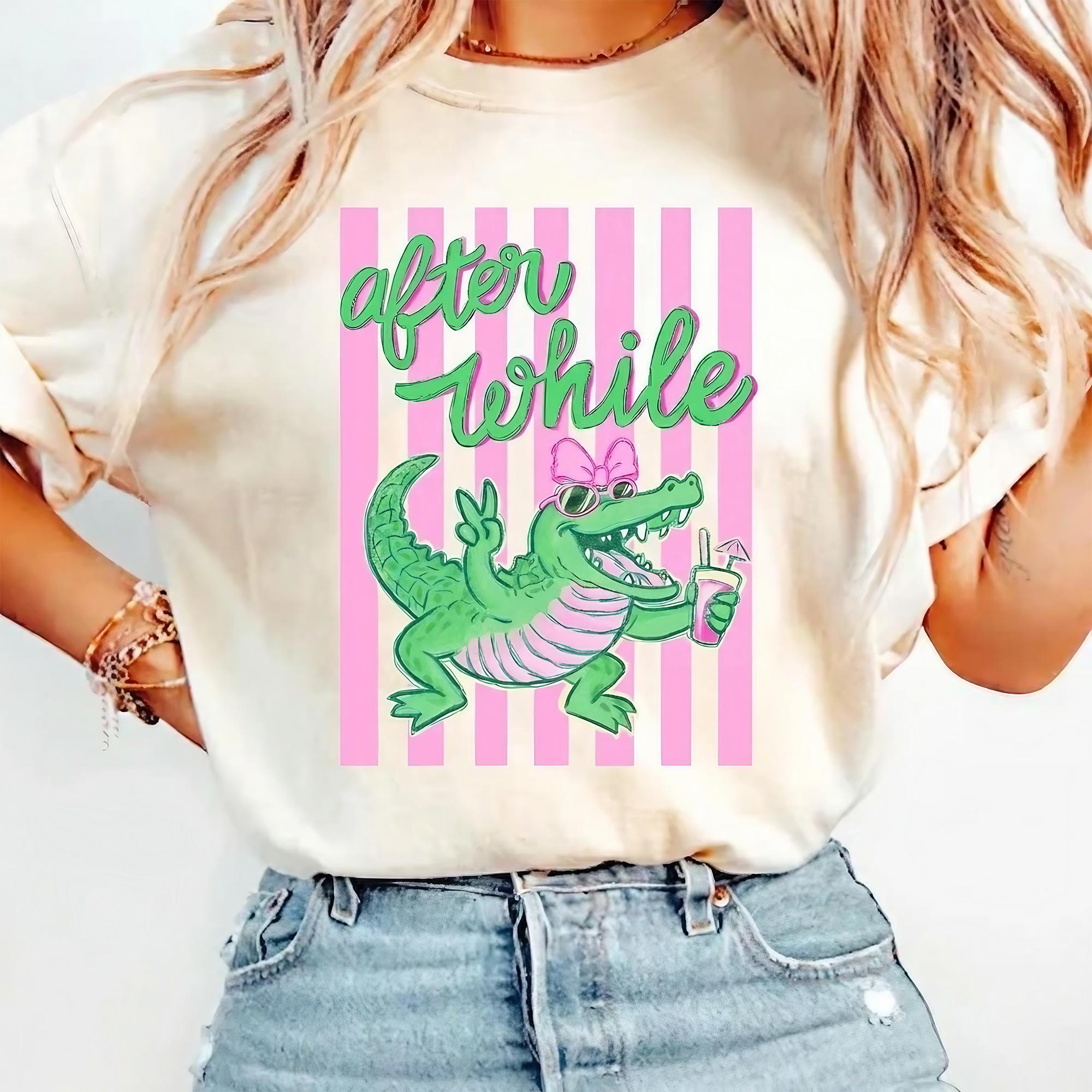After While Crocodile Graphic T-Shirt For Women Teens Preppy Retro Coquette Aesthetic Ivory Cotton Casual Tee Later Gator Summer Beach Party Pink Green Alligator With Bow Trendy Y2k Festival Vacation Top Novelty Clothing