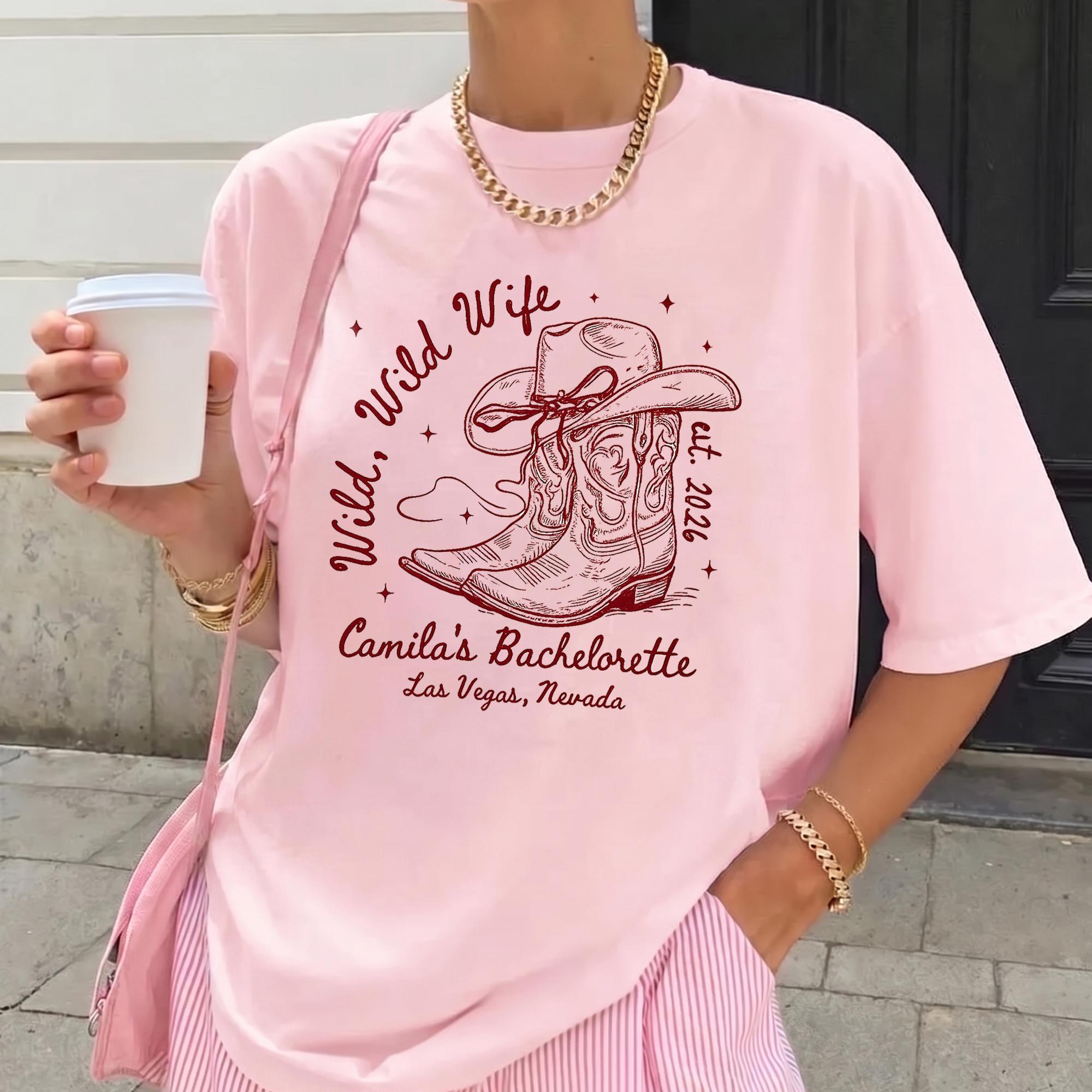 Women'S Cream Butter Yellow Cotton Round Neck T-Shirt - Wild Wild Wife Bachelorette Graphic, Streetwear Casual Lady Tops, Western Retro Country Cowgirl Aesthetic, Bridal Party Matching, Las Vegas Trip Custom Year Favors