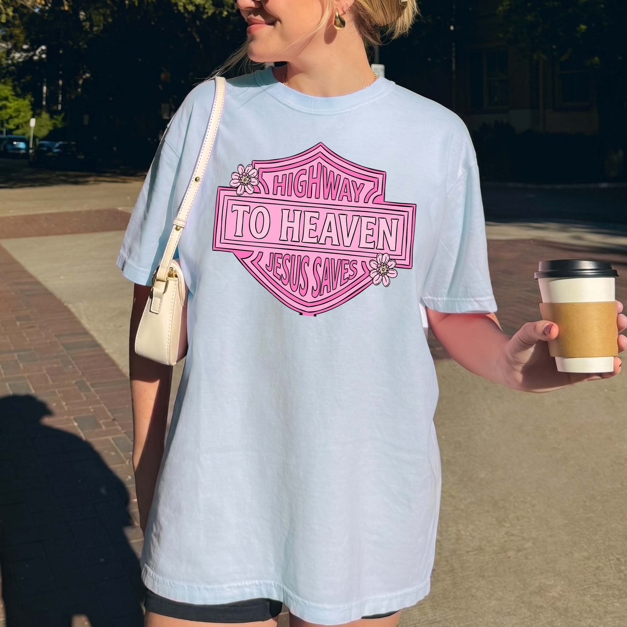 Highway To Heaven Jesus Saves Graphic T-Shirt For Women Preppy Western Y2k Coquette Christian Streetwear Hot Pink Cotton Blend Religious Faith Biker Logo Inspired Trendy Retro Vintage Style Jesus Apparel Top