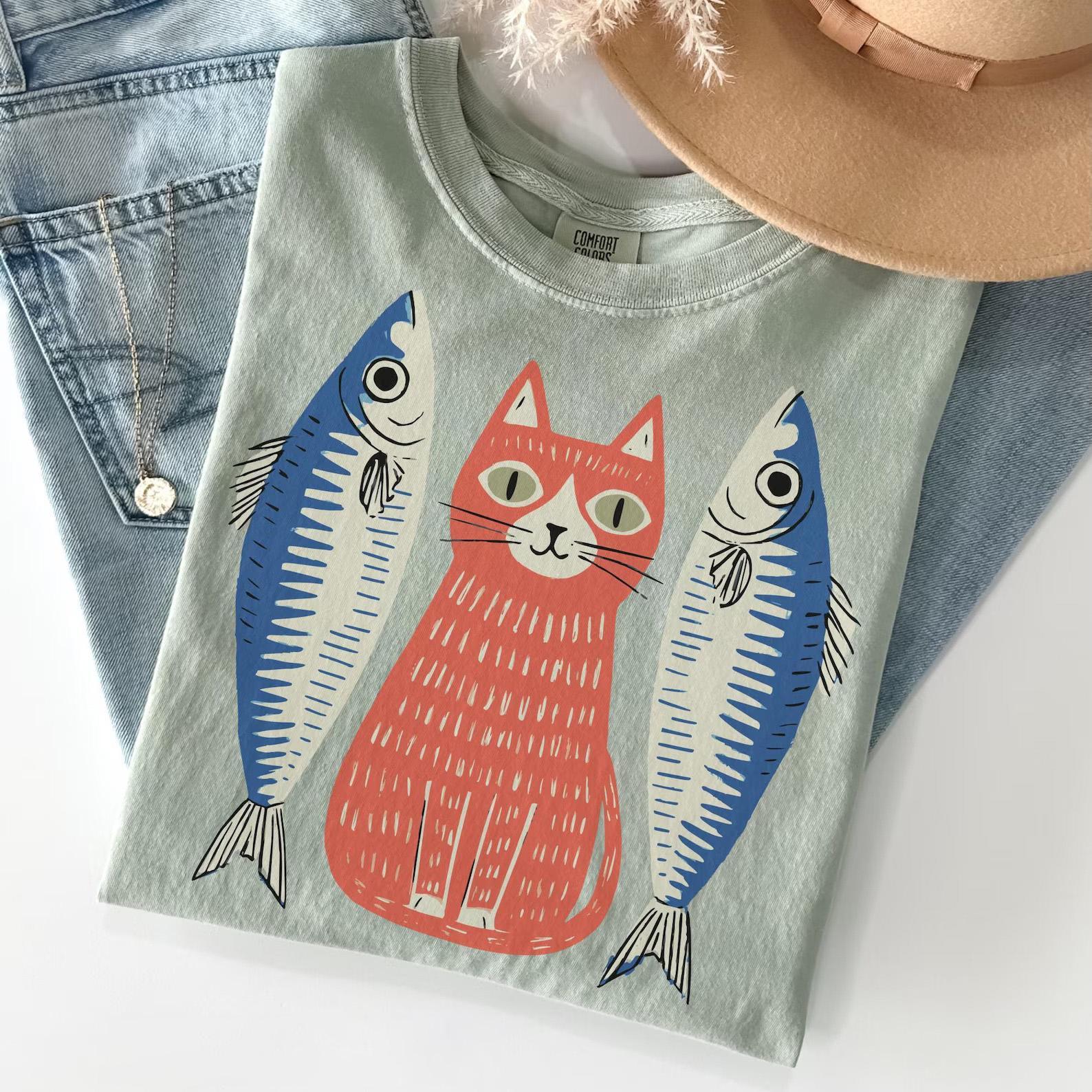 Sardines Cat Graphic T-Shirt Women'S Retro 90s Folk Art Quirky Indie Aesthetic Blue Cotton Blend Funny Cat Fish Shirt Perfect Gift For Cat Lovers Vintage Cartoon Animal Tee Pet Gifts Cute Oversized Tops Casual Summer Apparel Graphic Shirts