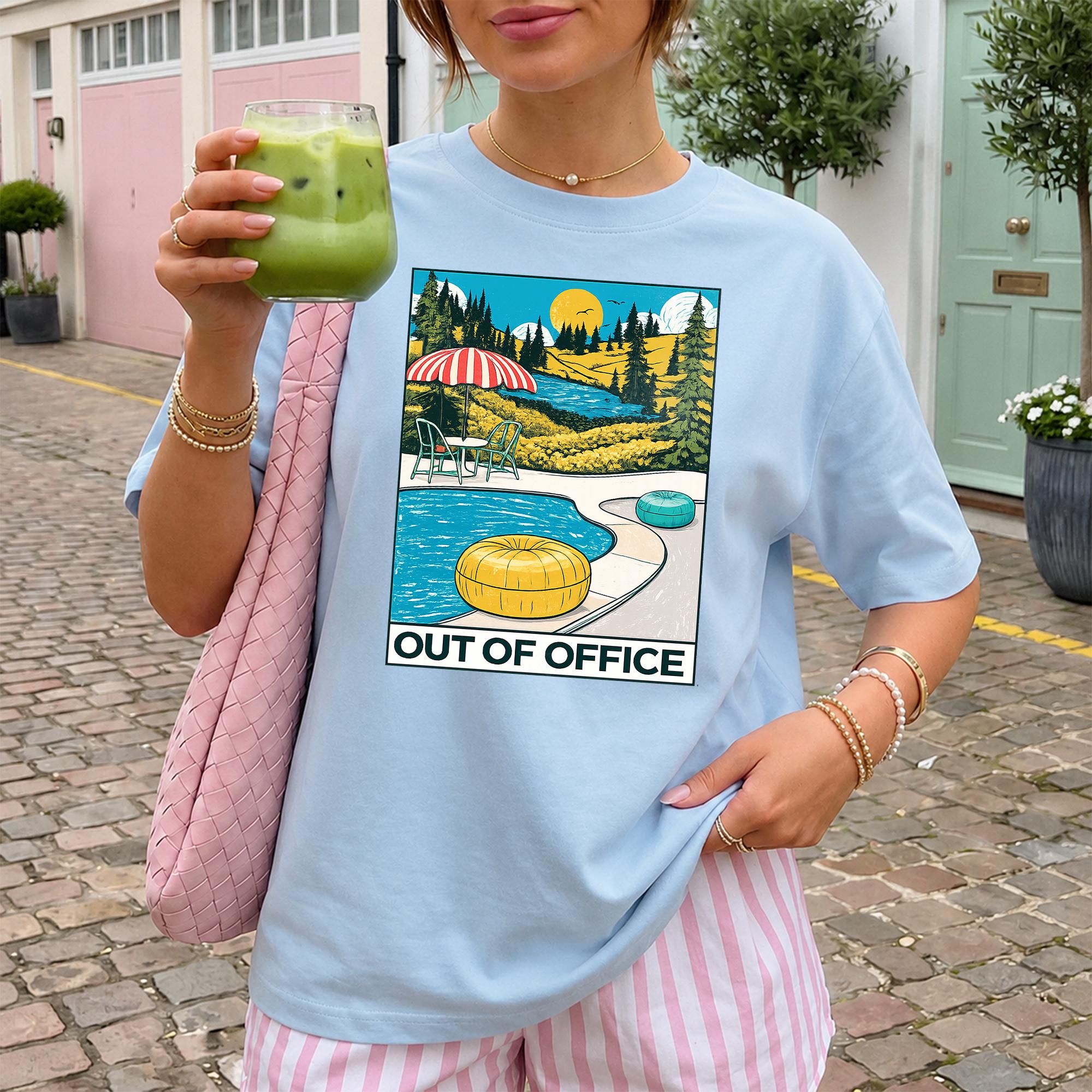 Women'S Out Of Office Vacation Graphic T-Shirt Crew Neck Lightweight Oversized Cotton Top, Retro Summer Aesthetic Vintage Travel Vibe, Preppy White Viral Tiktok Fashion Streetwear Casual Daily Outfit Essential Tee For Women
