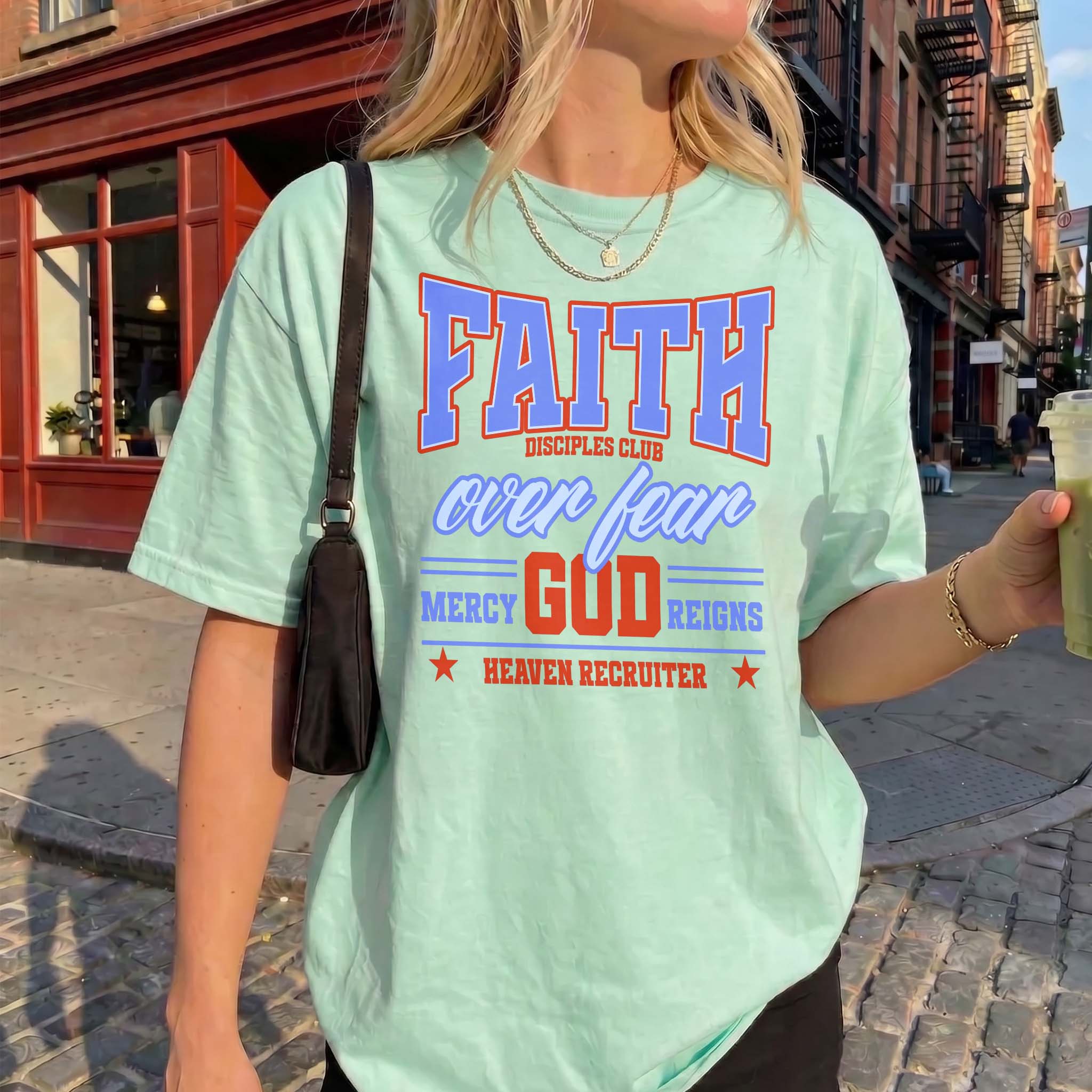 Faith Over Fear Disciples Club Crewneck T-Shirt For Unisex Men And Women Retro Western Preppy Collegiate Aesthetic Light Grey Heather Cotton Blend Fleece Christian Shirt Heaven Recruiter Graphic Pullover Top Religious Apparel