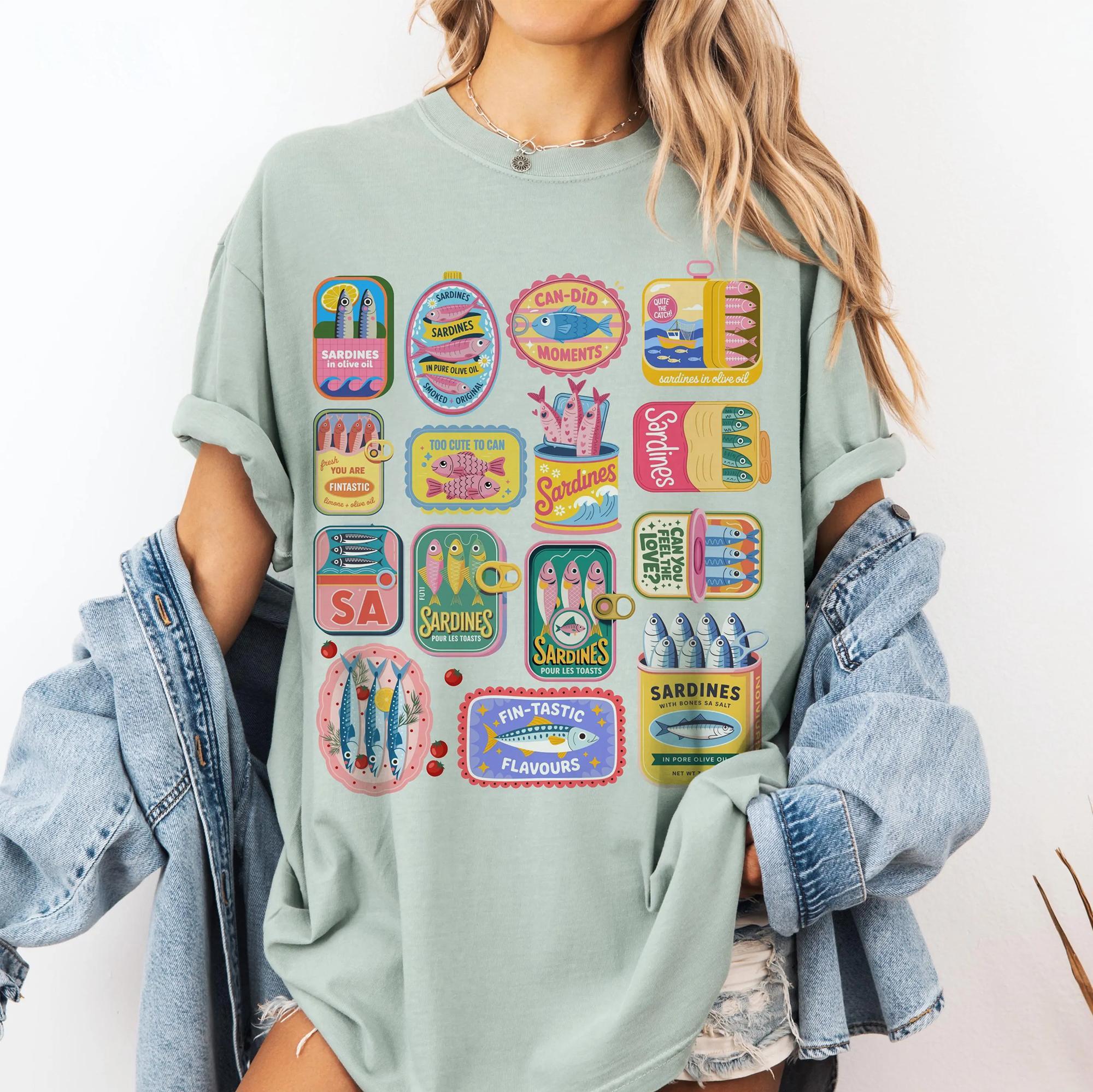 Vintage Sardine Can Shirt Retro Tin Fish Shirt Mediterranean Food Shirt Coastal Aesthetic Tee Foodie Gift Tinned Fish Club Graphic T-Shirt Picnic Core Summer Top Cute Seacuterie Board Apparel Colorful Sardines Comfort Colors Tee Sea Foodie