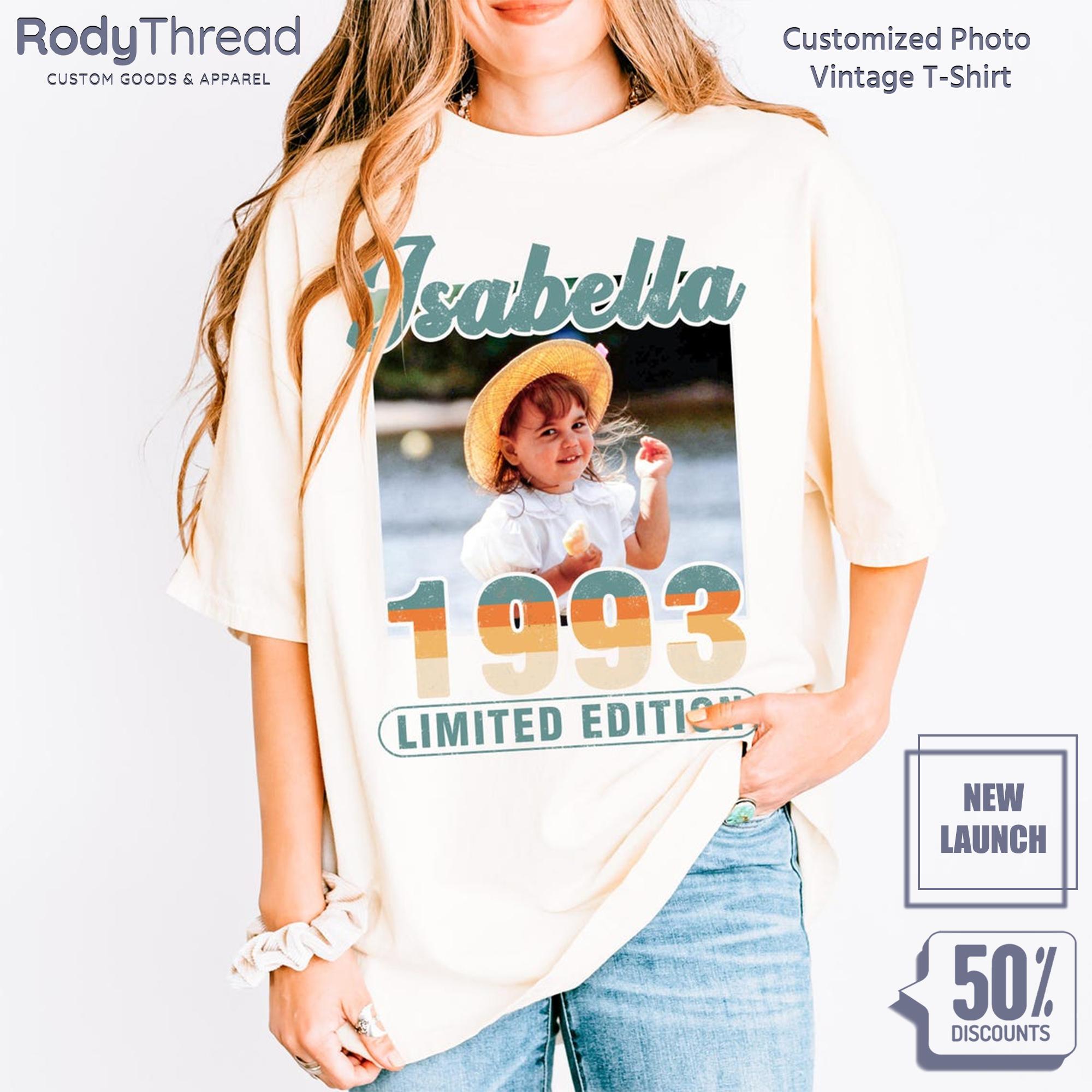 [Flash Deals] S Personalized 1990s Retro Style Shirt, Plus Size Fashion Custom Photo Birthday Tee, Limited Edition Vintage Name Year Gift For Her, Cute Tops For Women