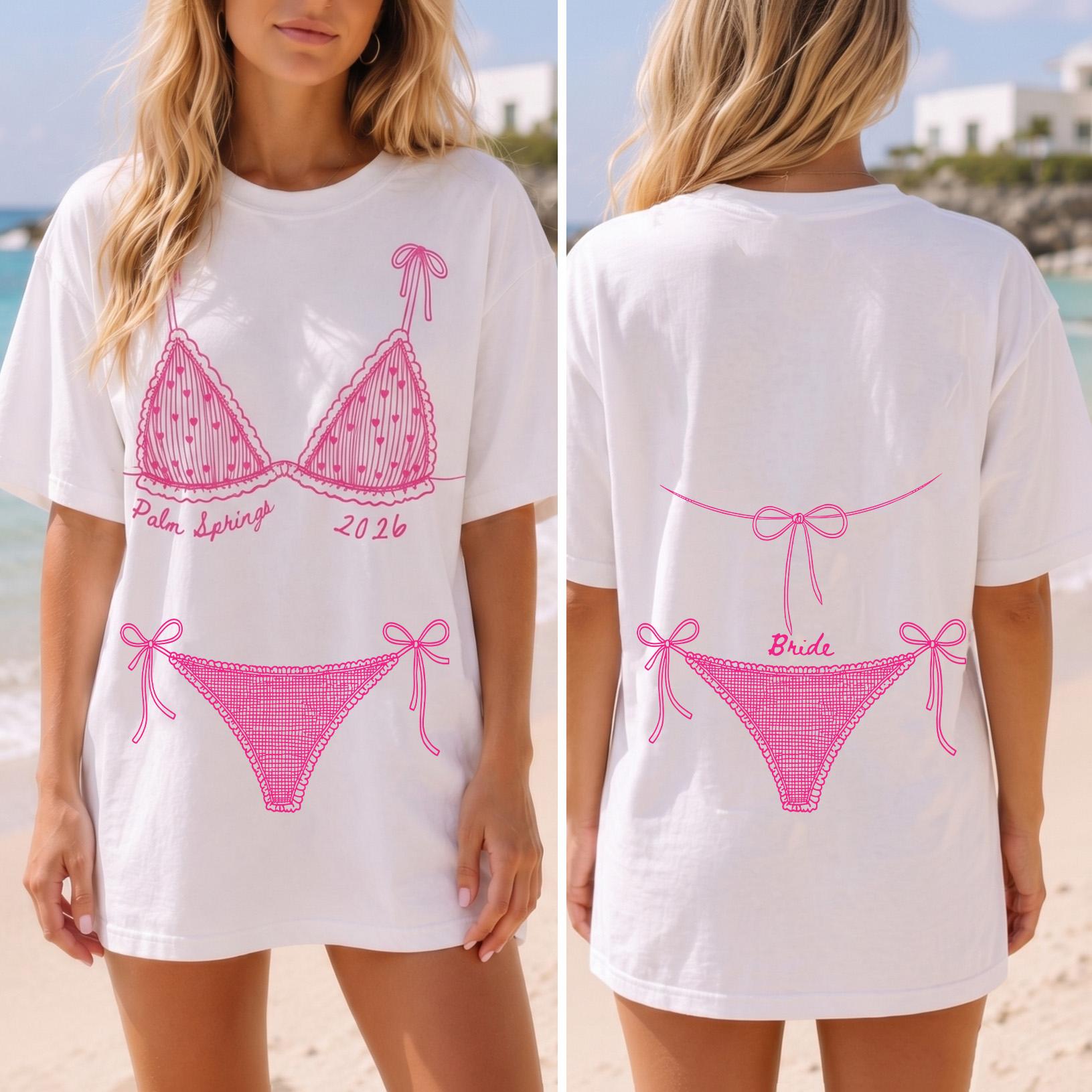 Custom Name Oversized T-Shirt For Women Bachelorette Party Beach Cover Up Preppy Coquette Red Bikini Graphic Tee White Cotton Funny Girls Trip Vacation Top Summer Bride Bridesmaid Trendy Novelty Custom Apparel Graphic Top