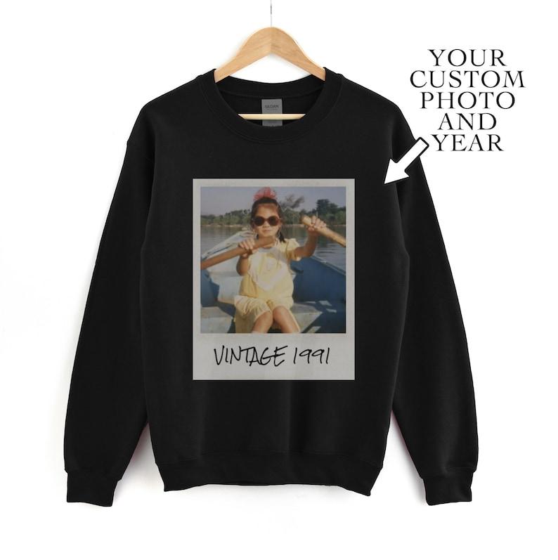 Personalized Custom Photo Sweatshirt, Polaroid Style Design, Custom Year Crewneck, Retro Vintage Aesthetic, Unique Birthday Gift, Personalized Picture Top, Unisex