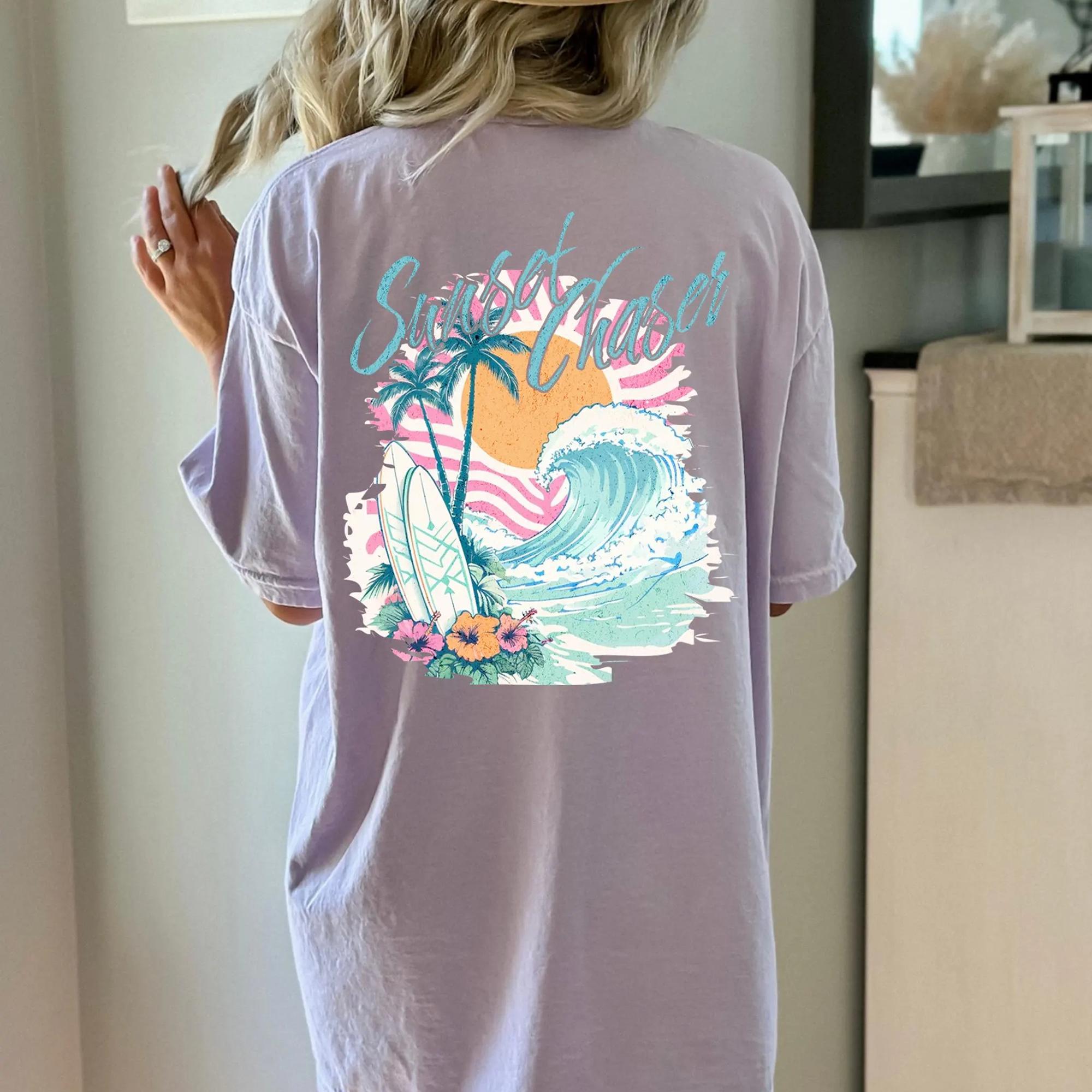 Women'S Oversized Sunset Chaser Graphic Tee - Ribbed Fabric, Retro Coastal Preppy Summer Aesthetic, Aqua Teal Cotton, Surfboard Ocean Waves Print, Streetwear, Matching Wrap, Beach Vacation & Holiday Cruise Wear