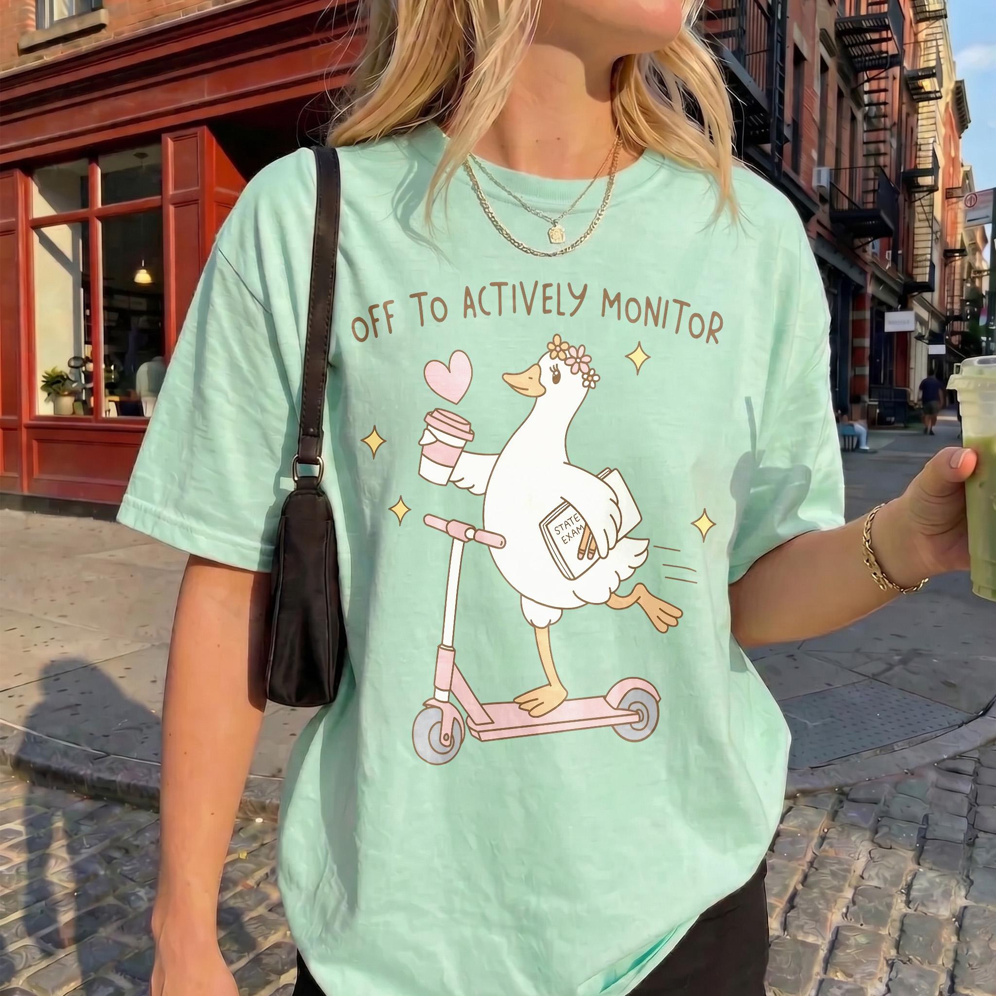 Women'S Oversized Duck Graphic T-Shirt - Mint Green Cotton Blend Streetwear, Ribbed Fabric, Kangaroo Pocket, Matching Preppy Coquette Cute Teacher Aesthetic Summer Casual Top For Educators (State Exam Proctor Apparel)