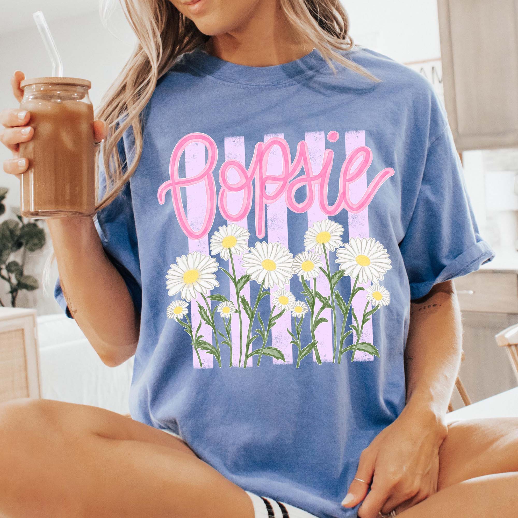 Women'S Oopsie Daisy Graphic T-Shirt - Retro Boho Coquette Style Casual Round Neck Short-Sleeve Top, Dusty Blue Soft Cotton Blend Fabric, Floral Botanical Print, Vintage Pink Lettering, Flattering Fit Summer Apparel