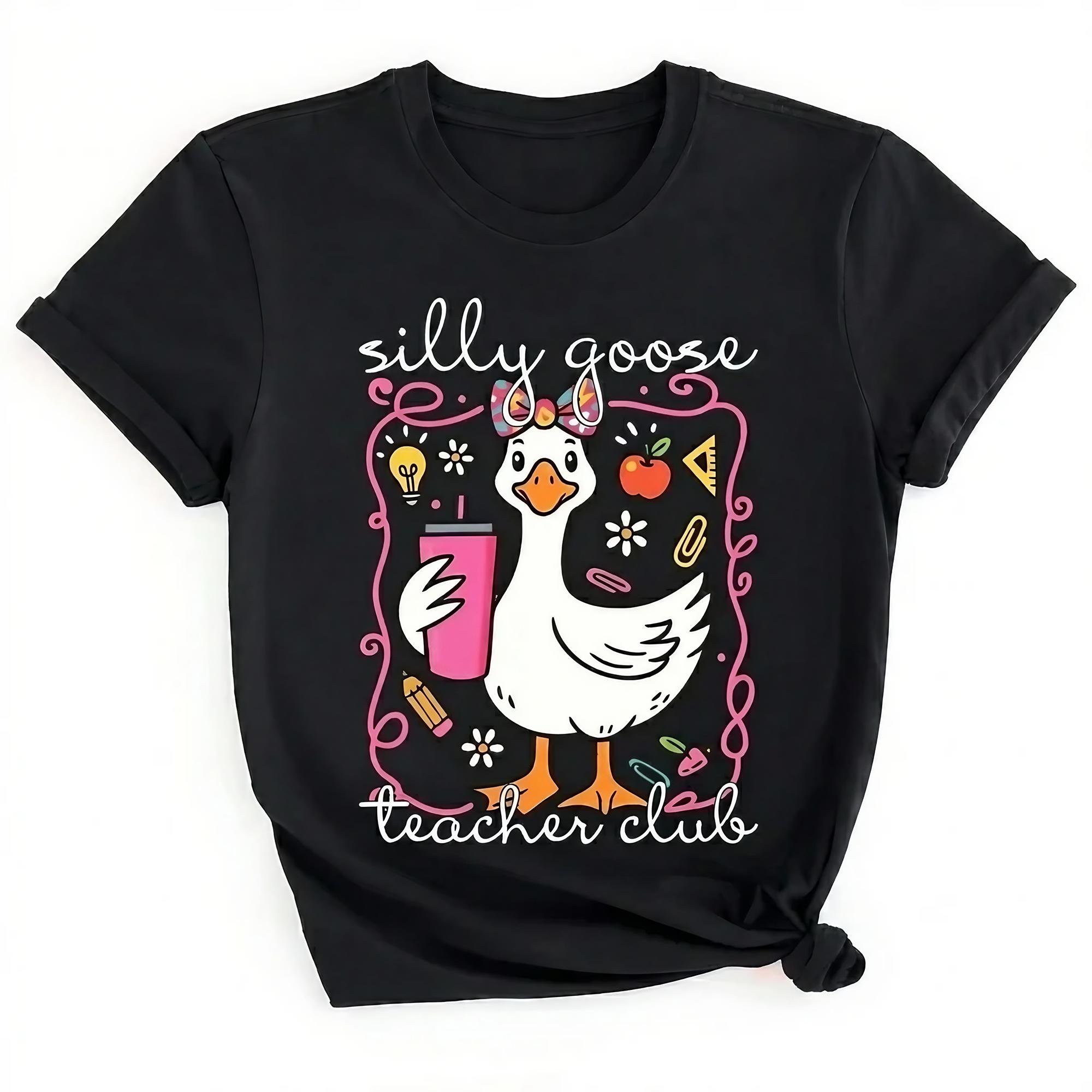 Silly Goose Teacher Club Graphic T-Shirt For Women Teachers Cute Preppy Quirky White Cotton Blend Goose Teacher Club Shirt Funny Teacher Club T-Shirt Cute Back To School Tee Teacher Appreciation Gift Funny Gift For Teacher