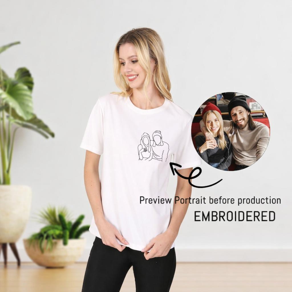 Custom Embroidered Line Art Portrait T-Shirt, Personalized Photo To Minimalist Outline, Unique Gift For Anniversary Wedding, Hand Drawn Aesthetic Design, Unisex