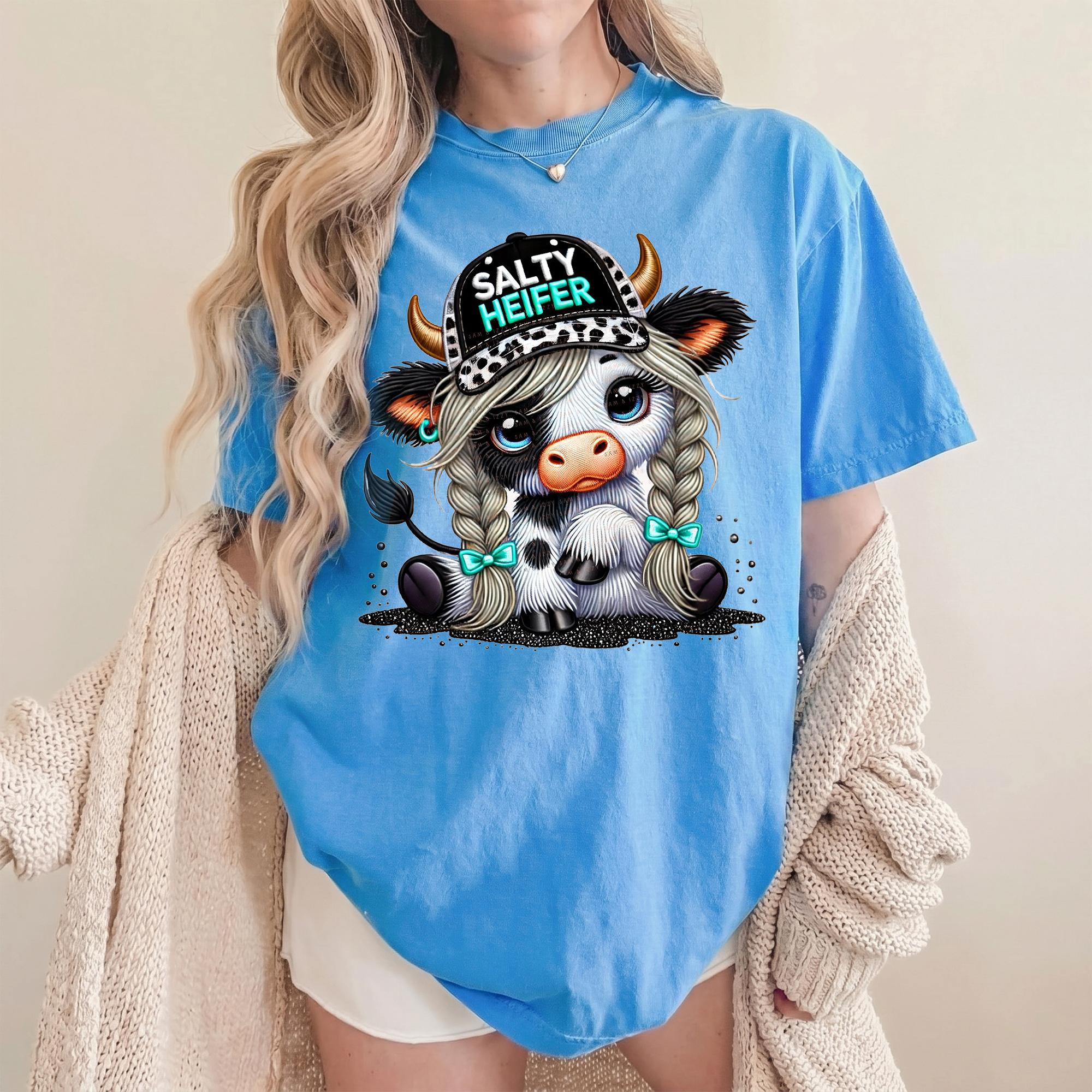 Salty Heifer Cute Cow Summer Graphic T-Shirt For Women Western Country Sassy Farm Girl Aesthetic White Cotton Blend Tee With Leopard Print Trucker Hat Braids Design Farmhouse Casual Everyday Wear Trendy Western Apparel