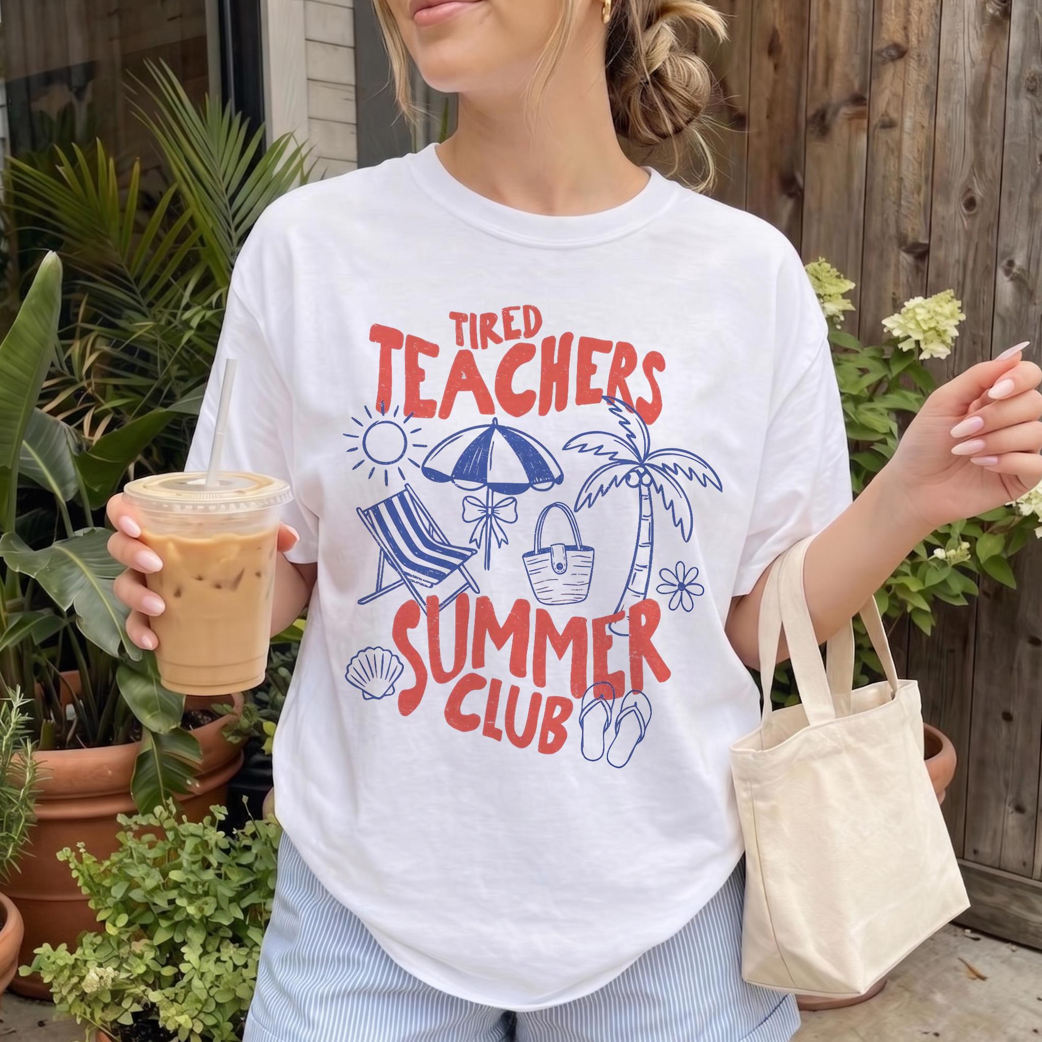 Women'S Lady Tired Teachers Graphic Apparel T-Shirt - Short Sleeve, White Ribbed Breathable Cotton Blend Fabric, 1-Piece Streetwear Retro Preppy Aesthetic, Good Fit, End-Of-Year Gift For Educators, Casual Beachy Wear