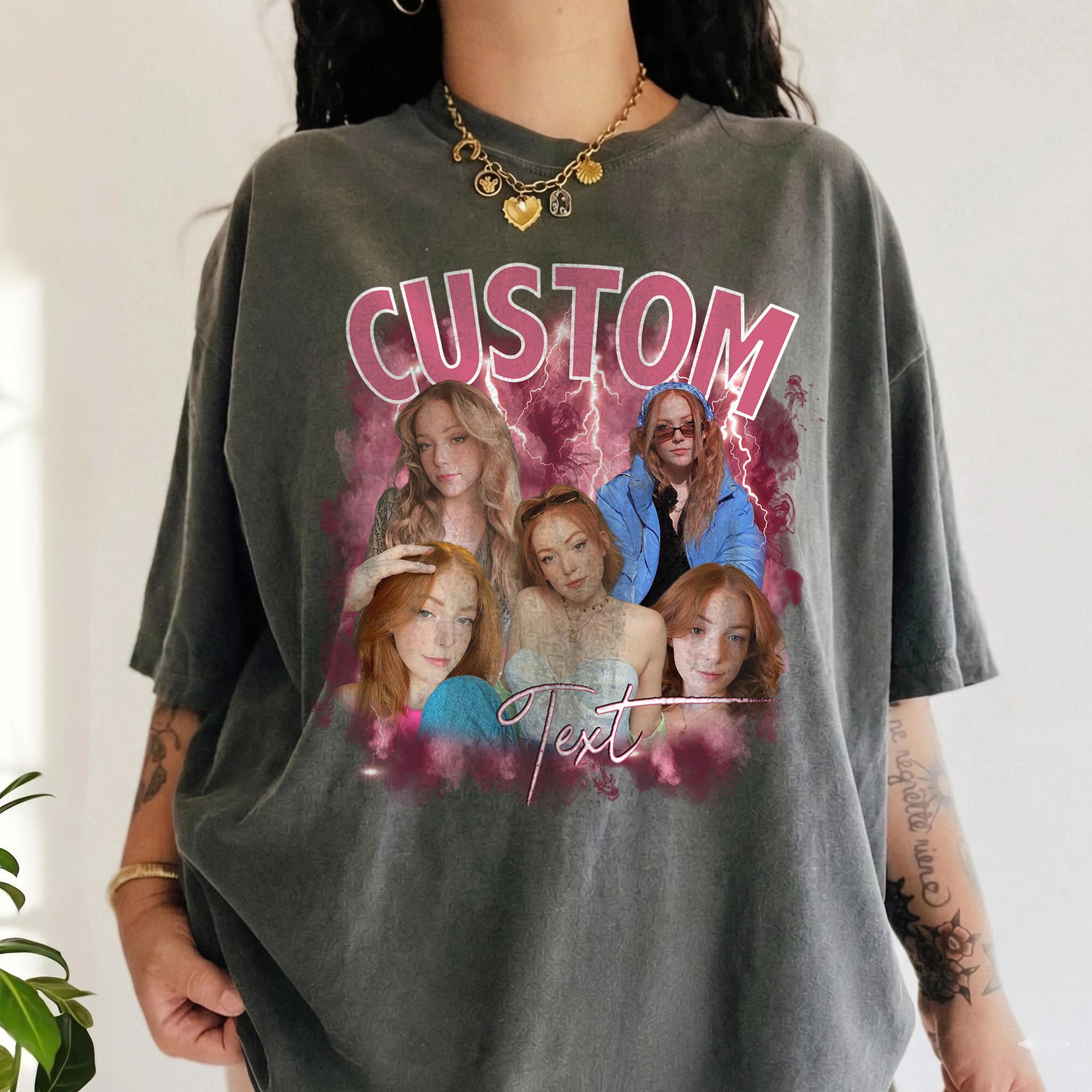 Custom Photo Collage Graphic Oversized Short Sleeve T-Shirt For Men And Women 90s Vintage Y2k Retro Streetwear Aesthetic Cream Cotton Top Vintage Bootleg Rap Tee Personalized Picture Custom Text Design Casual Everyday Wear