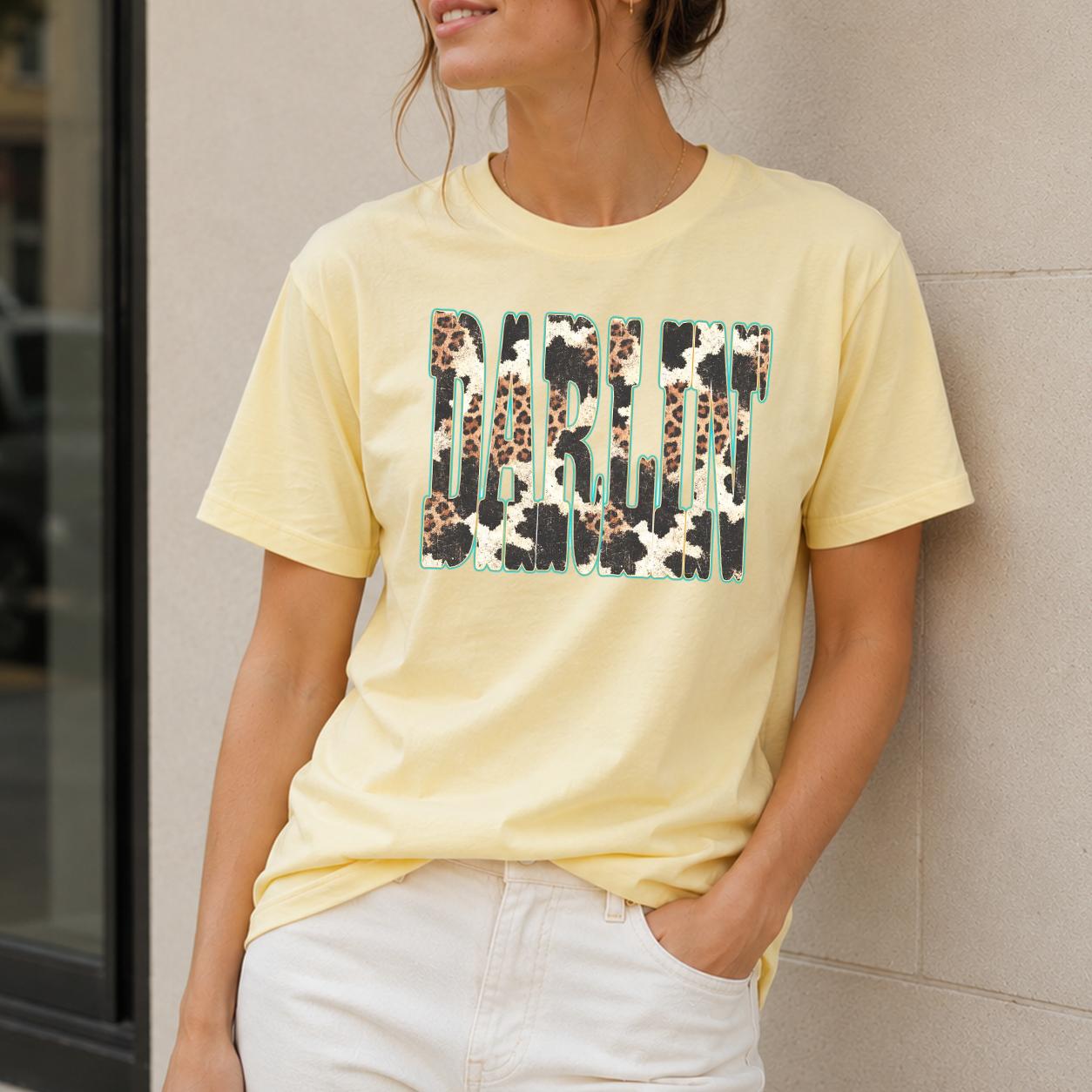 Women'S Darlin Graphic Short Sleeve T-Shirt Ladies Western Cowgirl Casual Loose Top Retro Rodeo Aesthetic Cream Yellow Cotton Blend Tee Leopard Cow Print Darlin Shirt Summer Country Music Concert Outfit