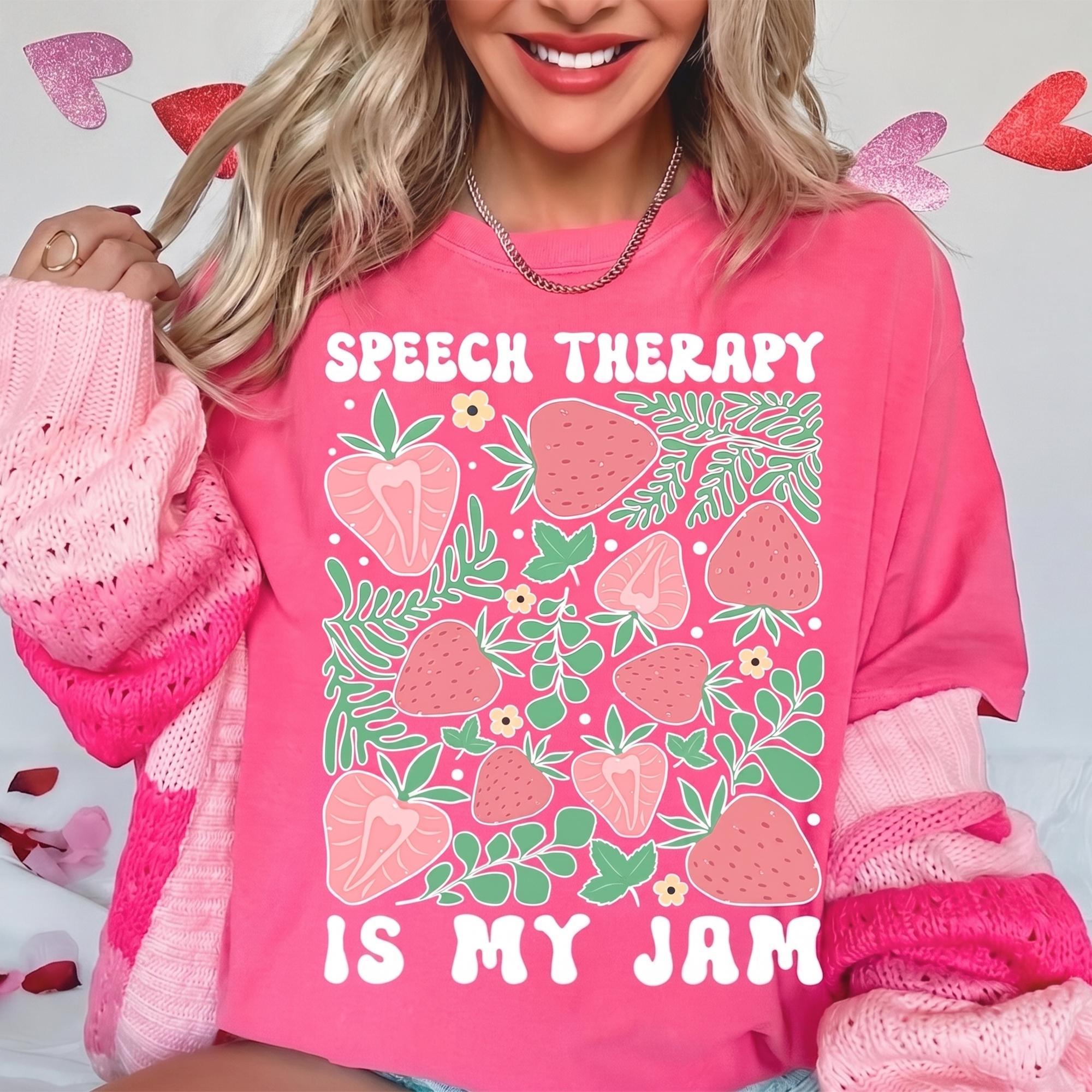 Women'S Soft Vintage Speech Therapy Graphic Tshirt Apparel - Ivory Ribbed Cotton Fabric, Short Sleeve, Strawberry Print, Groovy Cottagecore Boho Streetwear, Kangaroo Pocket, Slp Graduation Gift, Summer Casual Fit Top