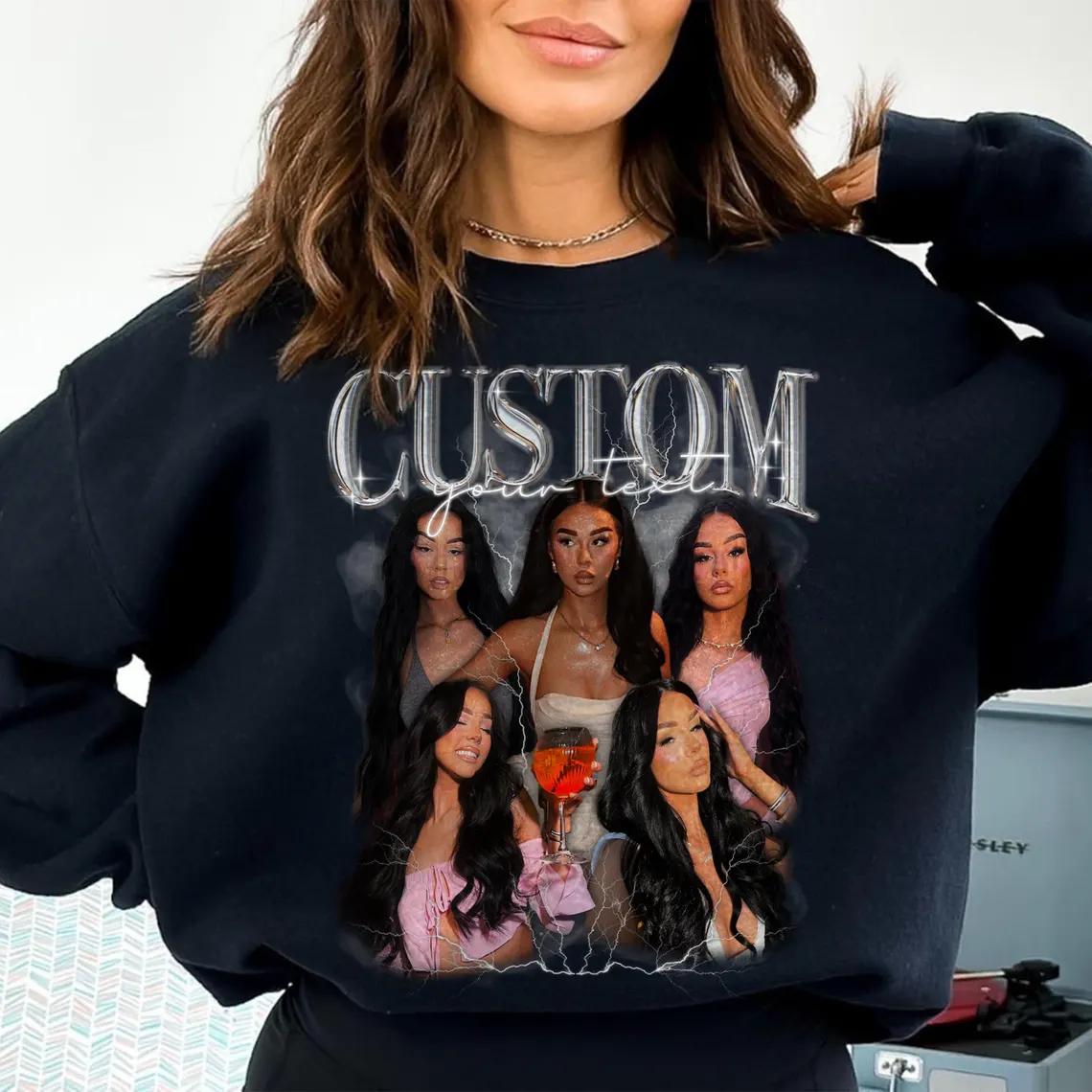 Women'S Ribbed Breathable Short-Sleeve Oversized Relaxed Bootleg T-Shirt - Custom Vintage 90s Rap Streetwear, Personalized Photo Collage, Retro Graphic, Natural Kangaroo Fabric, Matching Wrap Design, Shirt With Girlfriend'S Image, Summervibes Style