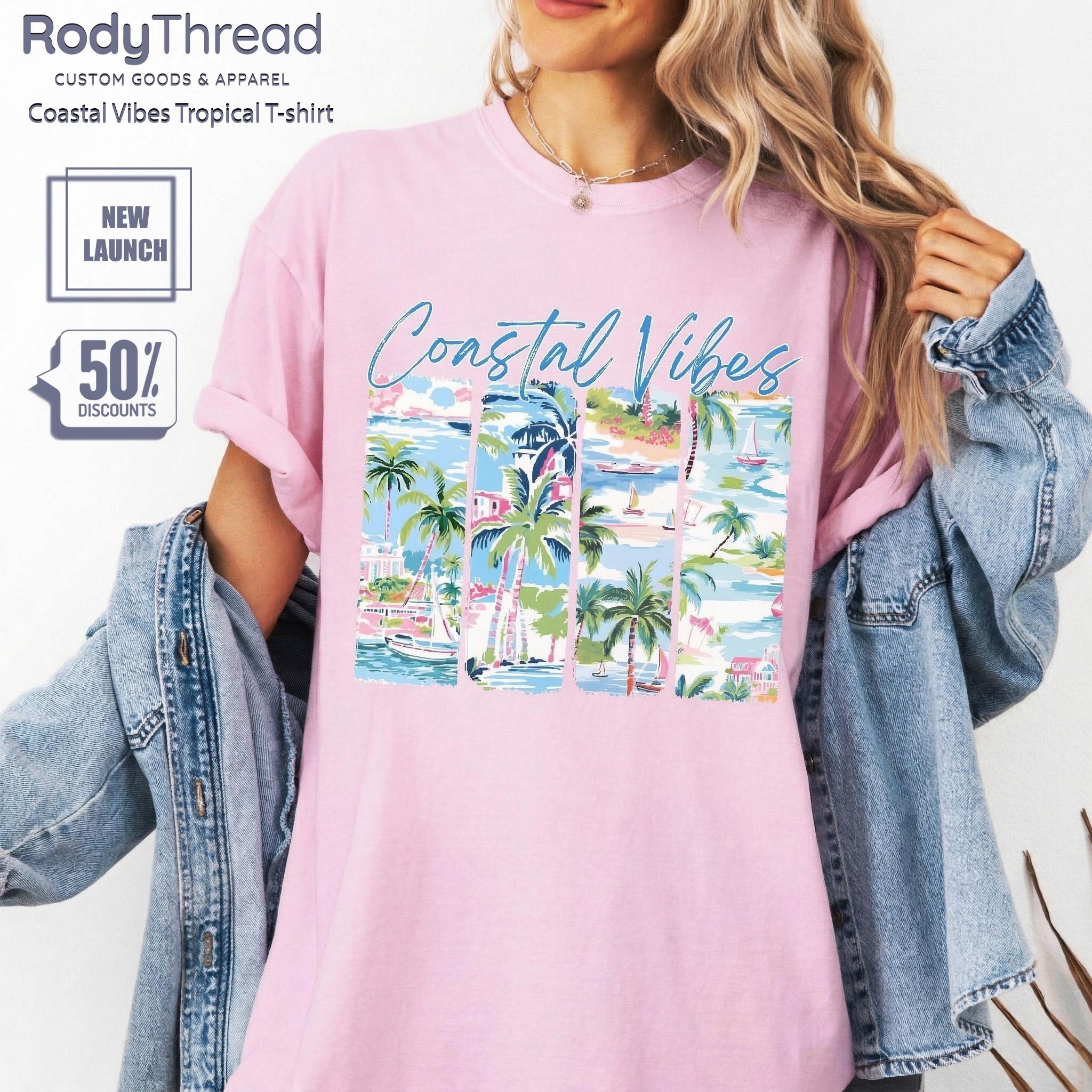 Coastal Vibes Tropical T-Shirt, Summer Shirts For Women, Teen Summer Clothes, Vacation Outfit Graphic Tee, Girly Summer Tops, Beachwear Island Travel