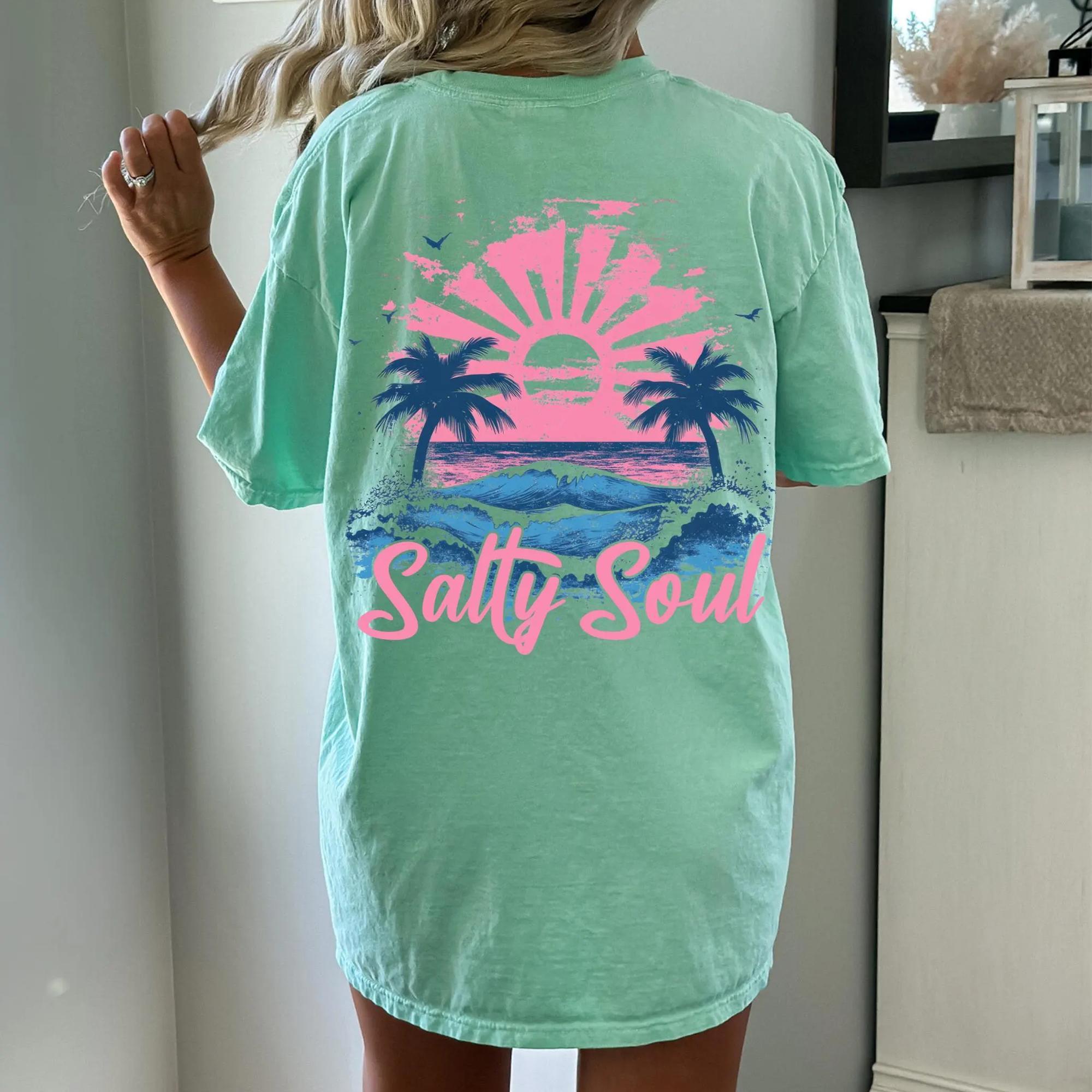 Women'S Salty Soul Ribbed Fabric Oversized Graphic T-Shirt - Cream White Cotton Blend, Pink & Blue Ocean Print, Retro Coastal Preppy Streetwear, Casual Matching Coconut Girl Summer Vacation Surf Top For Teens
