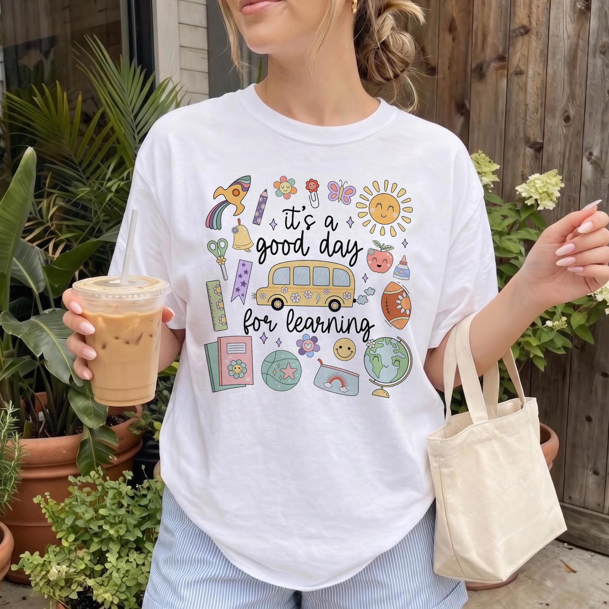 Women'S Soft Breathable Ribbed Cotton Blend Short-Sleeve Graphic T-Shirt - Fabric Streetwear Top For Educators, Preppy Retro Cute School Bus Doodle 1-Piece Matching Classroom/First Day Outfits