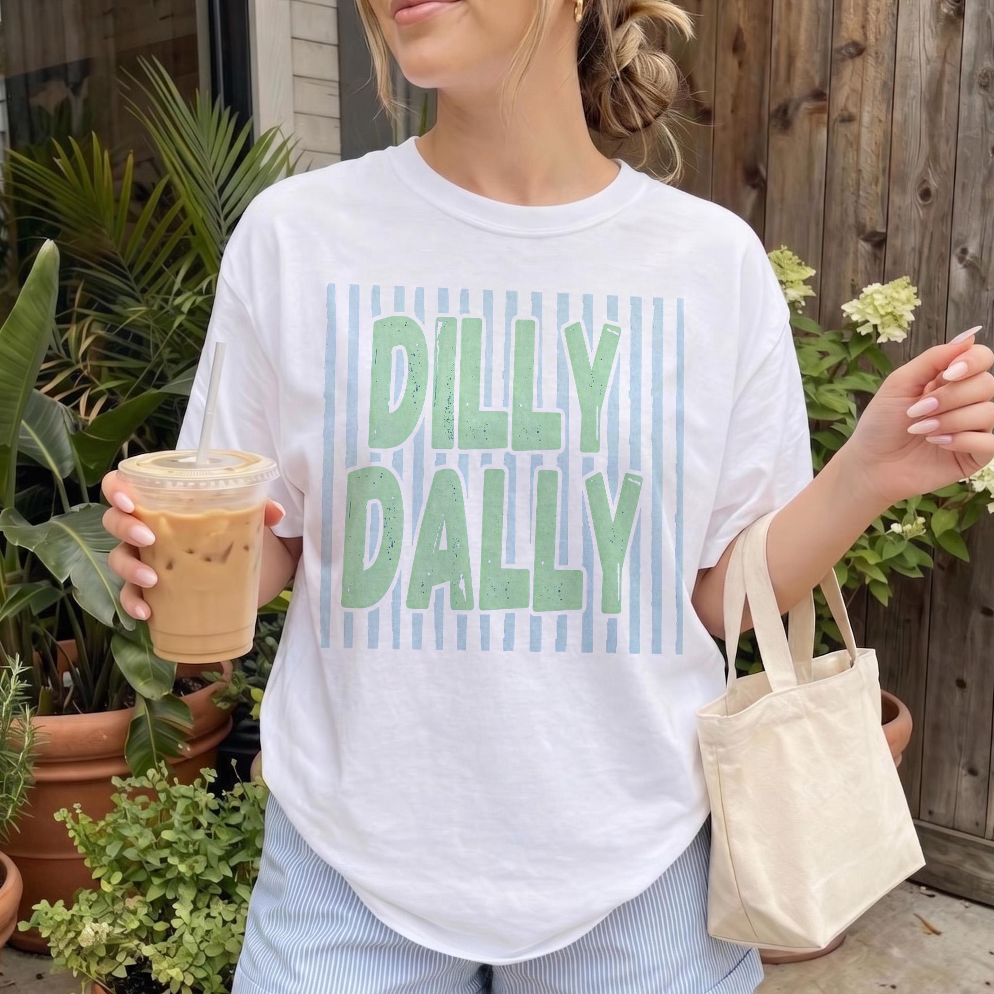 Lady'S Oversized Dilly Dally Graphic Shortsleeve T-Shirt - Breathable Cotton Blend Apparel, Vintage Ribbed Streetwear, Preppy Coastal Summer Fit, White/Light Blue Striped/Green Retro Print Casual Loungewear Top