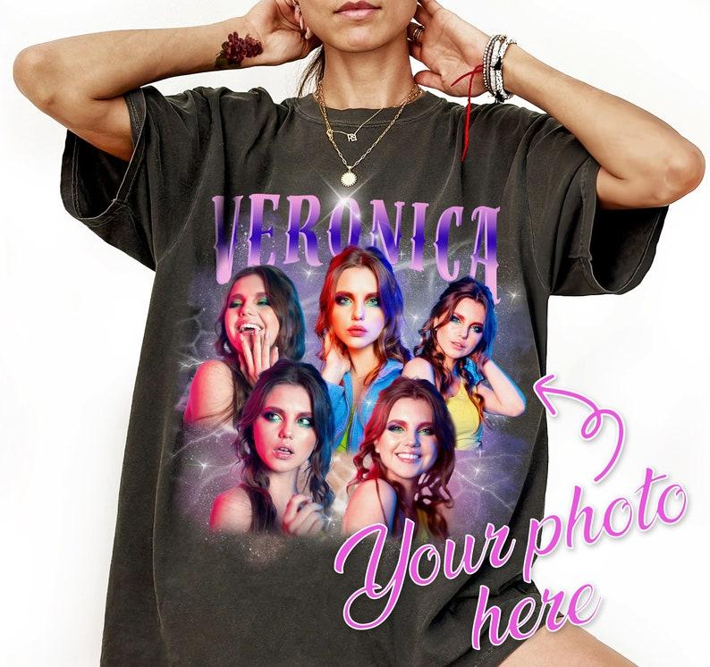 Women'S Ribbed Custom Photo Fleece T-Shirt - Kangaroo Pocket, Breathable Streetwear Apparel, 90s Vintage Bootleg, Multi Photo With Name, Retro Lightning Graphic, Oversized Washed Unisex Matching Gift Top