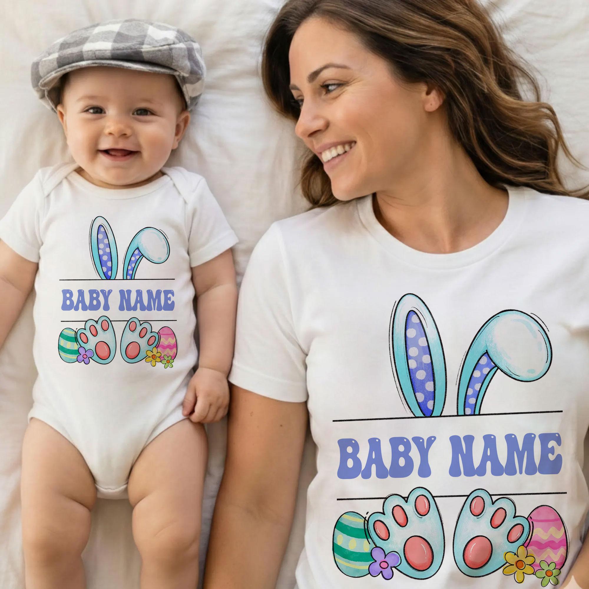 Personalized Baby First Easter Onesie, Mom And Baby Matching Shirt, Cute Bunny Ears And Paws Graphic, Kawaii Easter Newborn Outfit, Whimsical Easter Basket Stuffer