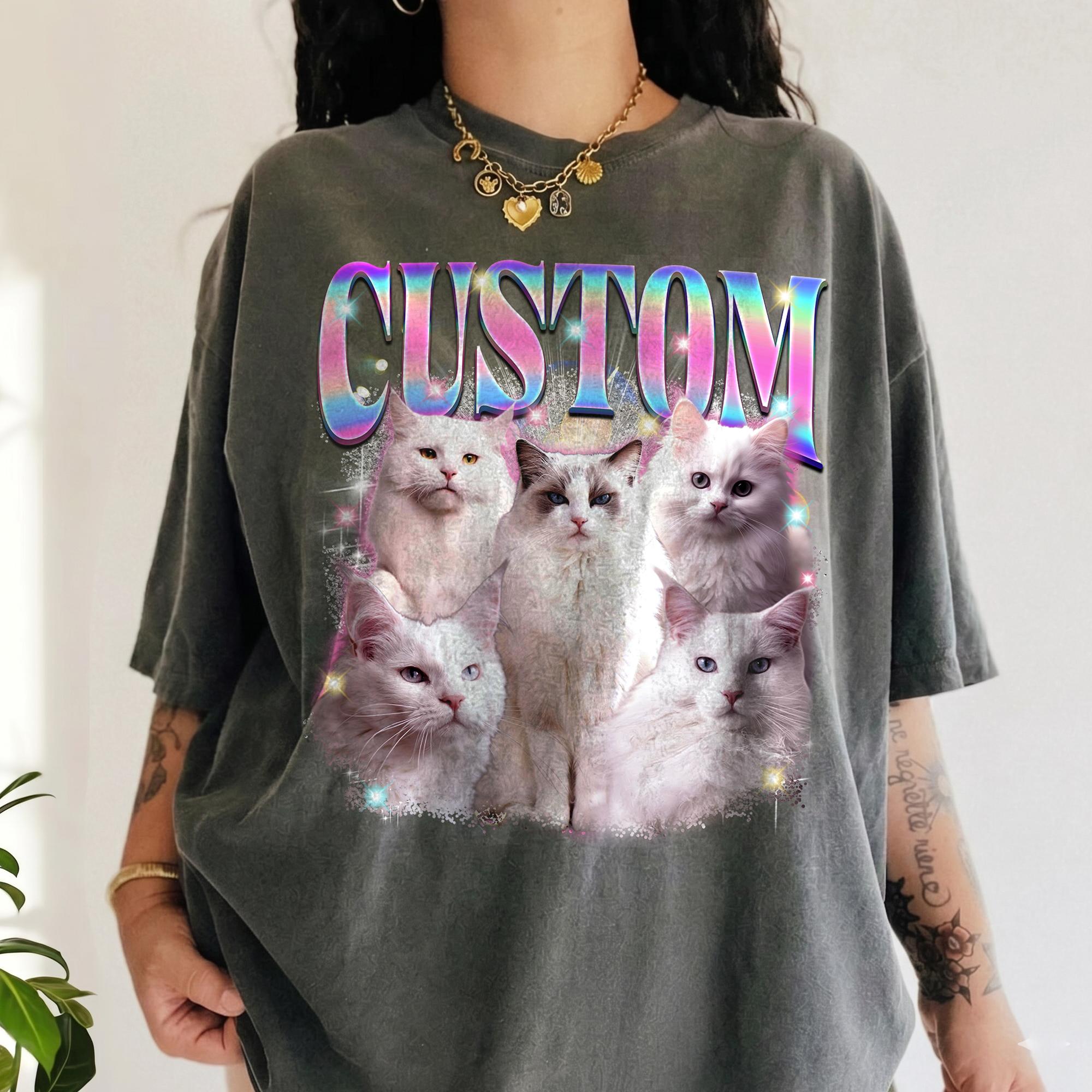 Personalized Pet Portrait Bootleg Rap Graphic T-Shirt Custom 90s Vintage Retro Y2k Streetwear Aesthetic Charcoal Grey Cotton Faded Black Wash Tee Bootleg Cat Meme Shirt Personalized Animal Lover Gift Apparel