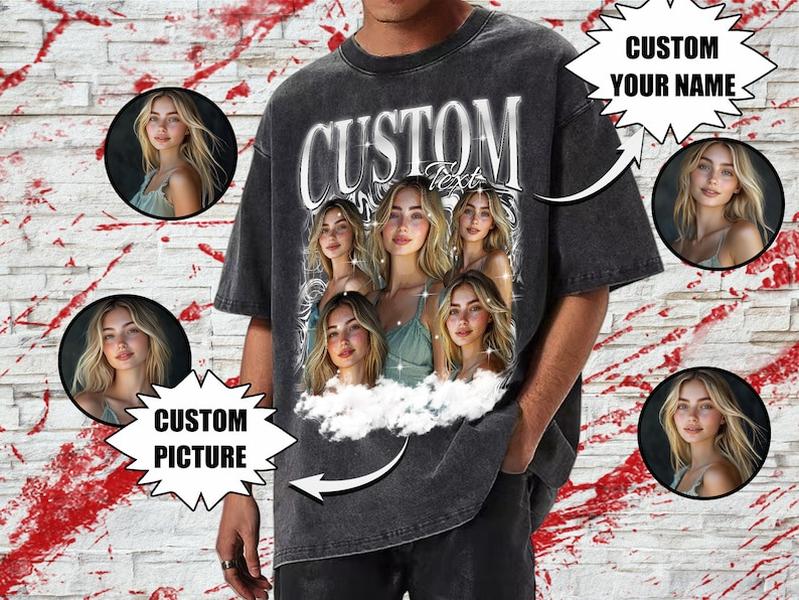 Personalized Custom Photo T-Shirt, Vintage 90s Bootleg Rap Tee, Custom Name Multi Image Collage, Cloud Lightning Art, Retro Oversized Washed Top,