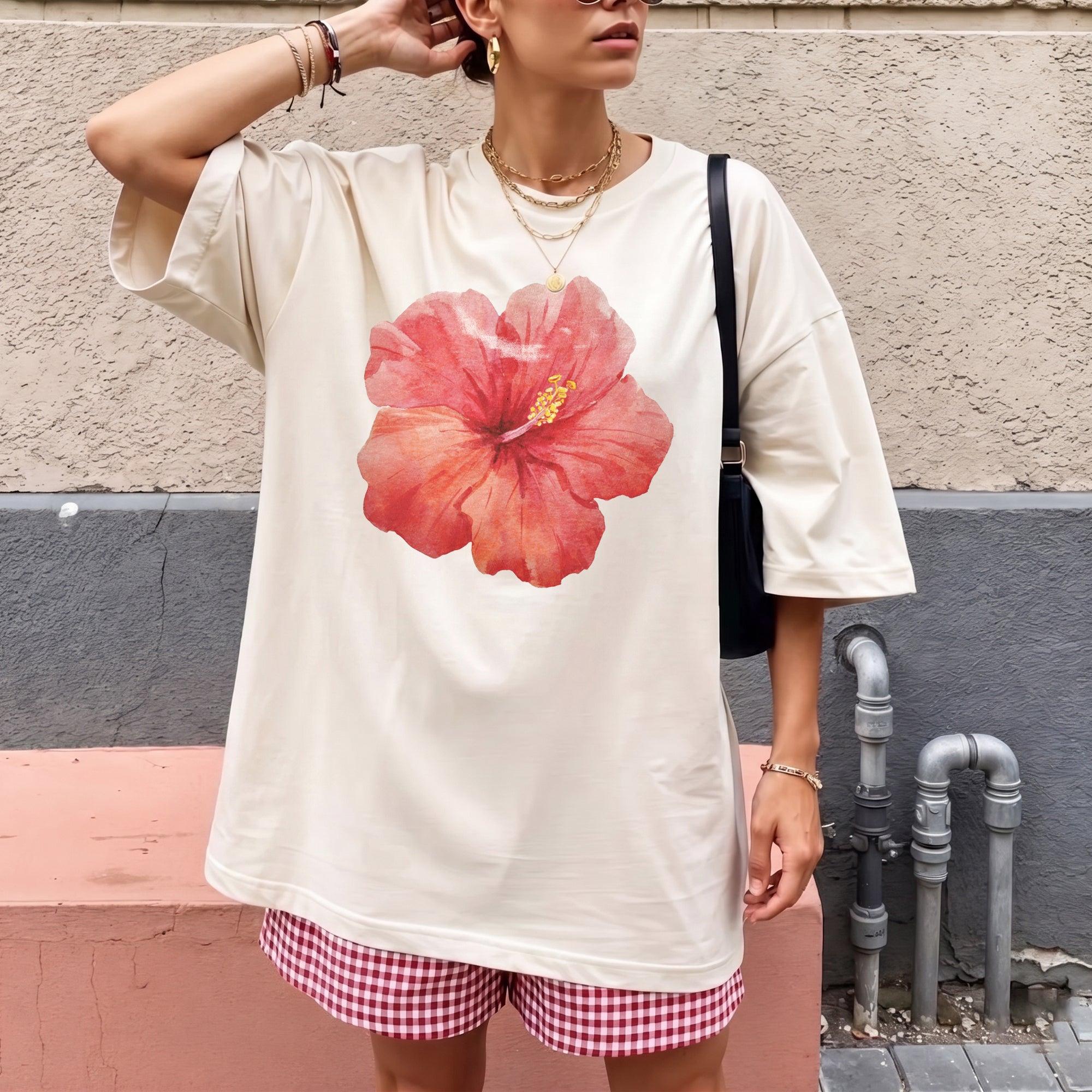 Premium Hibiscus Flower Y2k Shirt Graphic Tee For Women Coastal Vintage Summer Aesthetic Charcoal Gray Cotton Blend Hawaii Vacation Beach Top Trendy Oversized Loose Fit Casual Clothes Gift For Her Summervibes Holiday Vacation Apparel