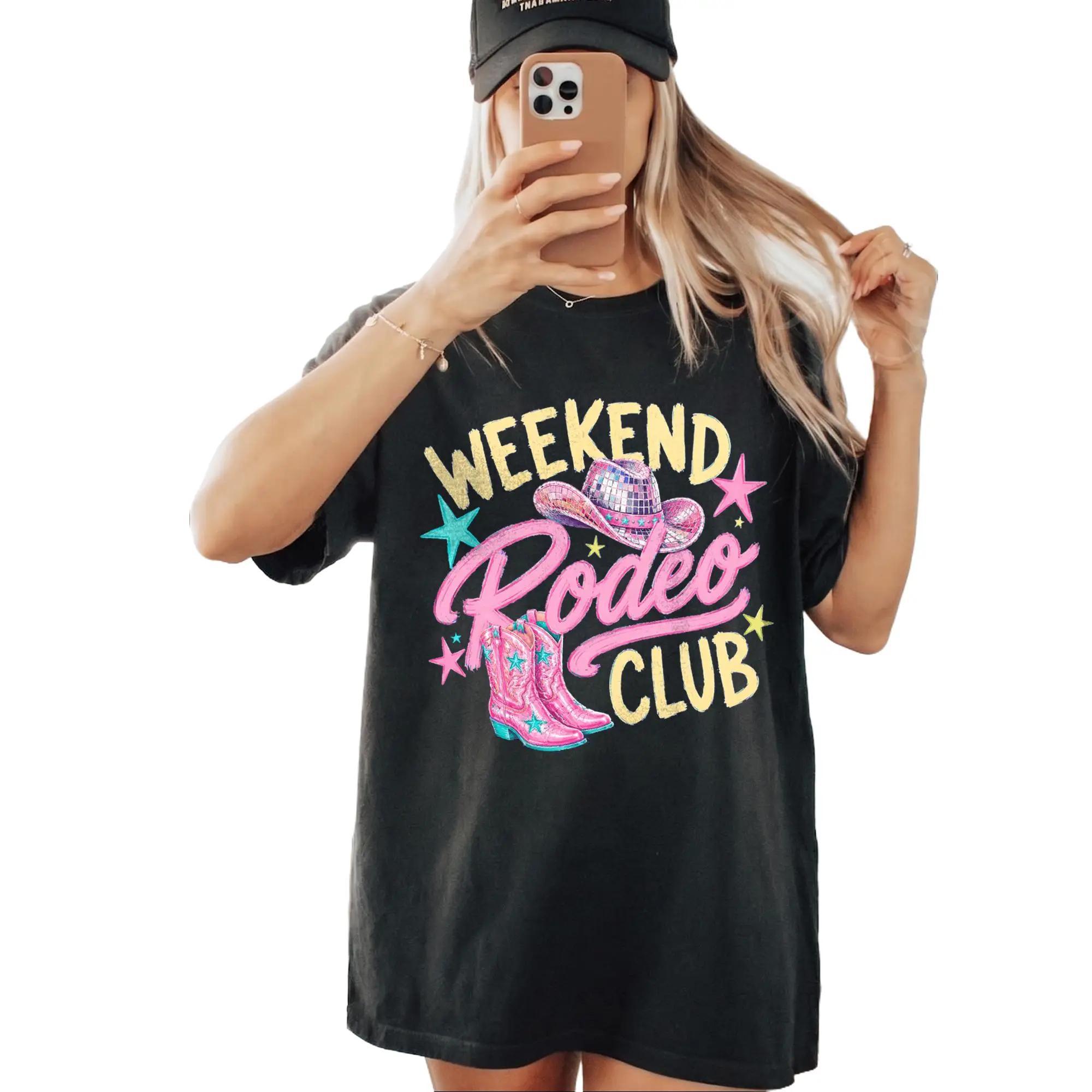 Weekend Rodeo Club Pink & Blue Graphic T-Shirt Women'S Preppy Western Aesthetic Disco Cowgirl Black Cotton Oversized Tee Vintage Nashville Music Festival Outfit Top Country Concert Coquette Clothes