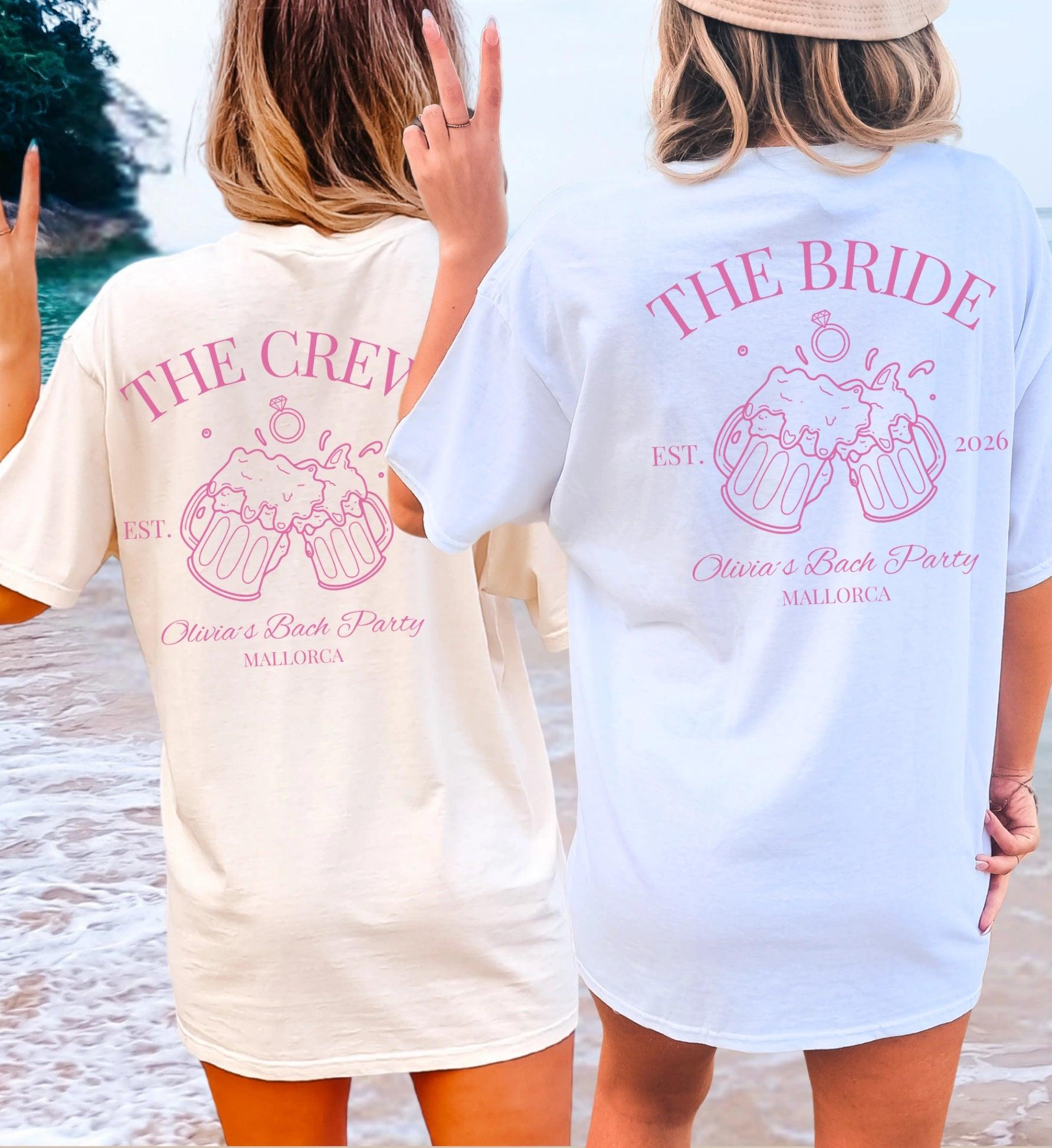 Preppy Old Money Bachelorette Party Crew Shirt Graphic T-Shirt For Women Coquette Aesthetic Cream Speckled Cotton Pink Backprint Beer Stein Engagement Ring Hen Party Crew Shirt Bridal Shower Destination Girls Trip Tee Tops