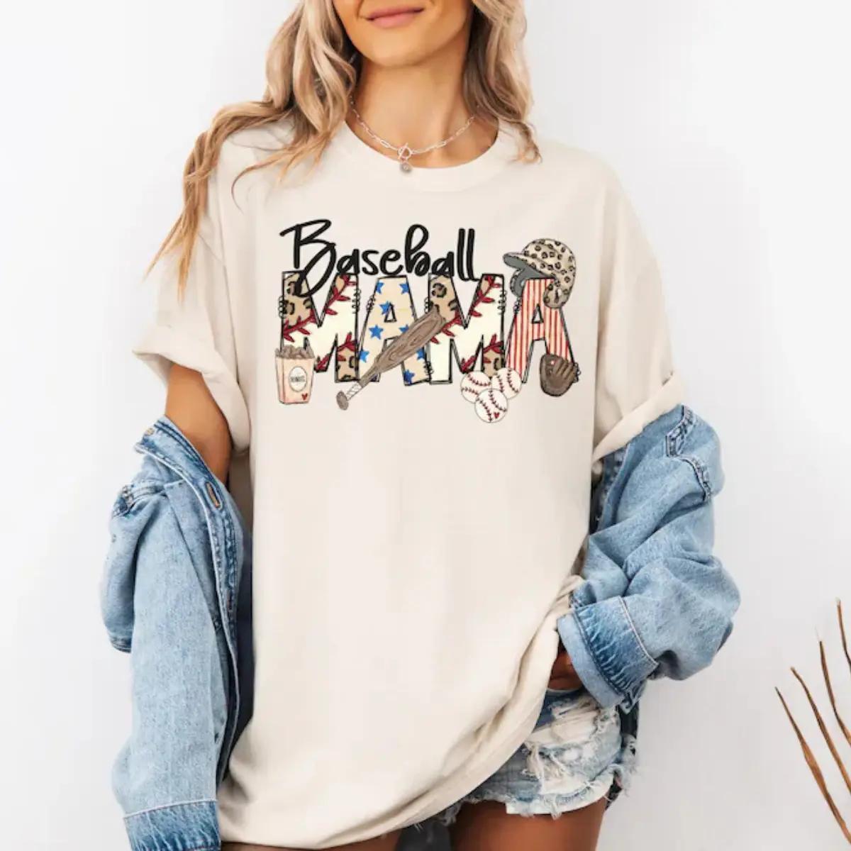 Baseball Mama Aesthetic T-Shirt, Leopard Print Patriotic Mama Tee, Mother’S Day Game Day Gift, Sports Mom Graphic Shirt, Stars And Stripes Mama Top, Baseball Season Apparel, Cute Sports Mom Outfit