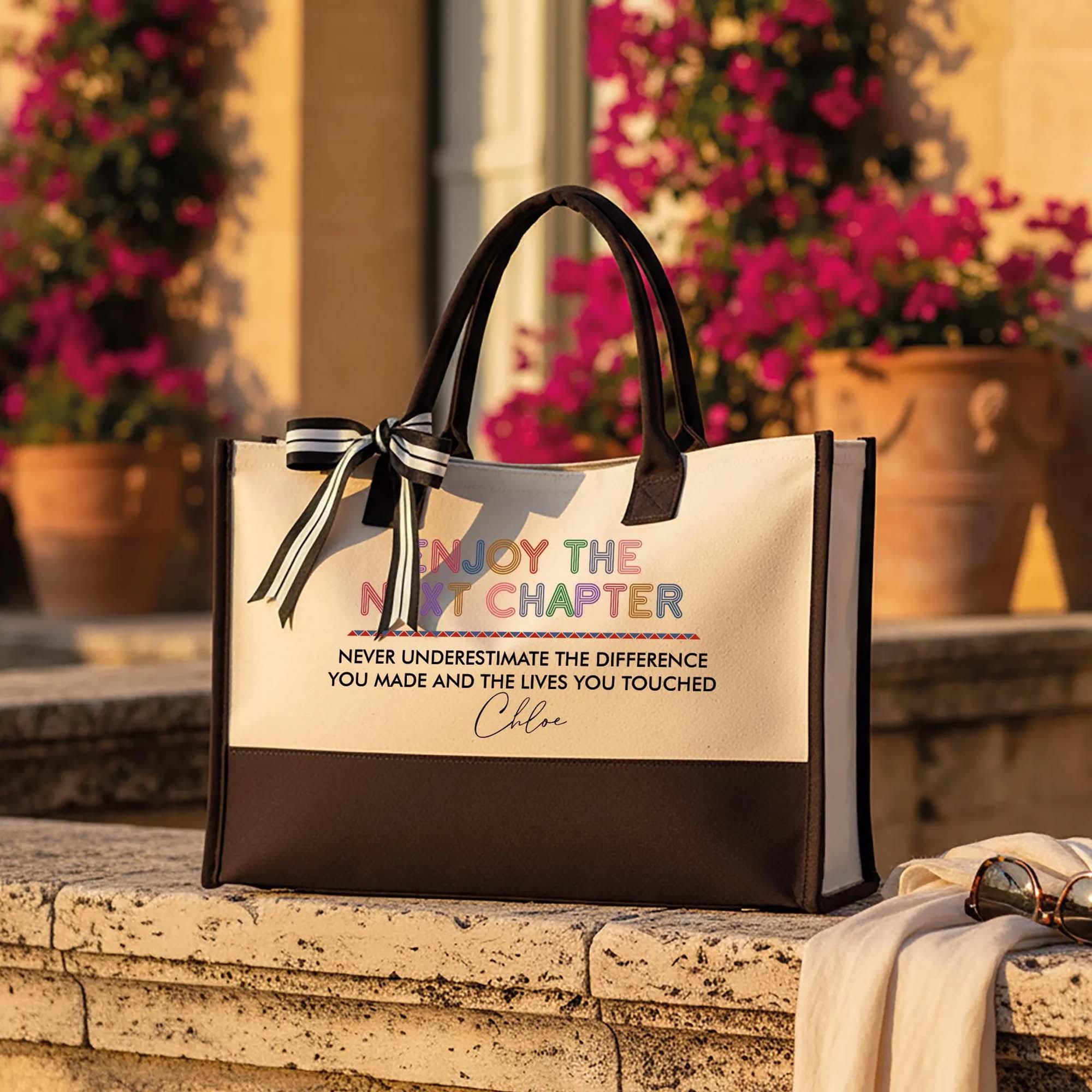Custom Personalized Enjoy The Next Chapter Canvas Tote Bag For Women Preppy Aesthetic Cream Black Custom Name Retirement Gift Never Underestimate The Difference You Made Teacher Appreciation Coworker Leaving Present Beach Bag