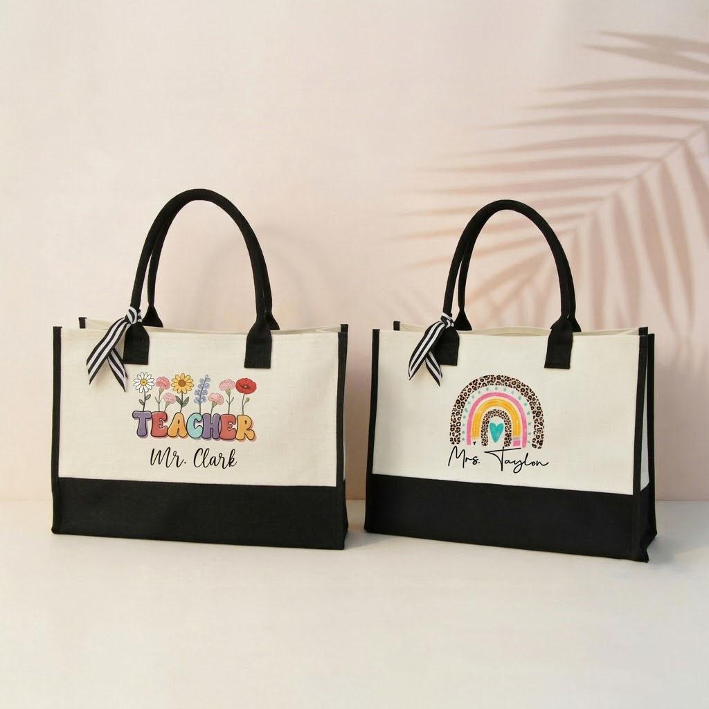 Personalized Teacher Canvas Tote Bag Custom Name Work Bag For Women Educators Cute Preppy Aesthetic Black And White Heavy Canvas Back To School Gift For Teachers Appreciation Week Graduation Rainbow Apple Design Shopper Handbag