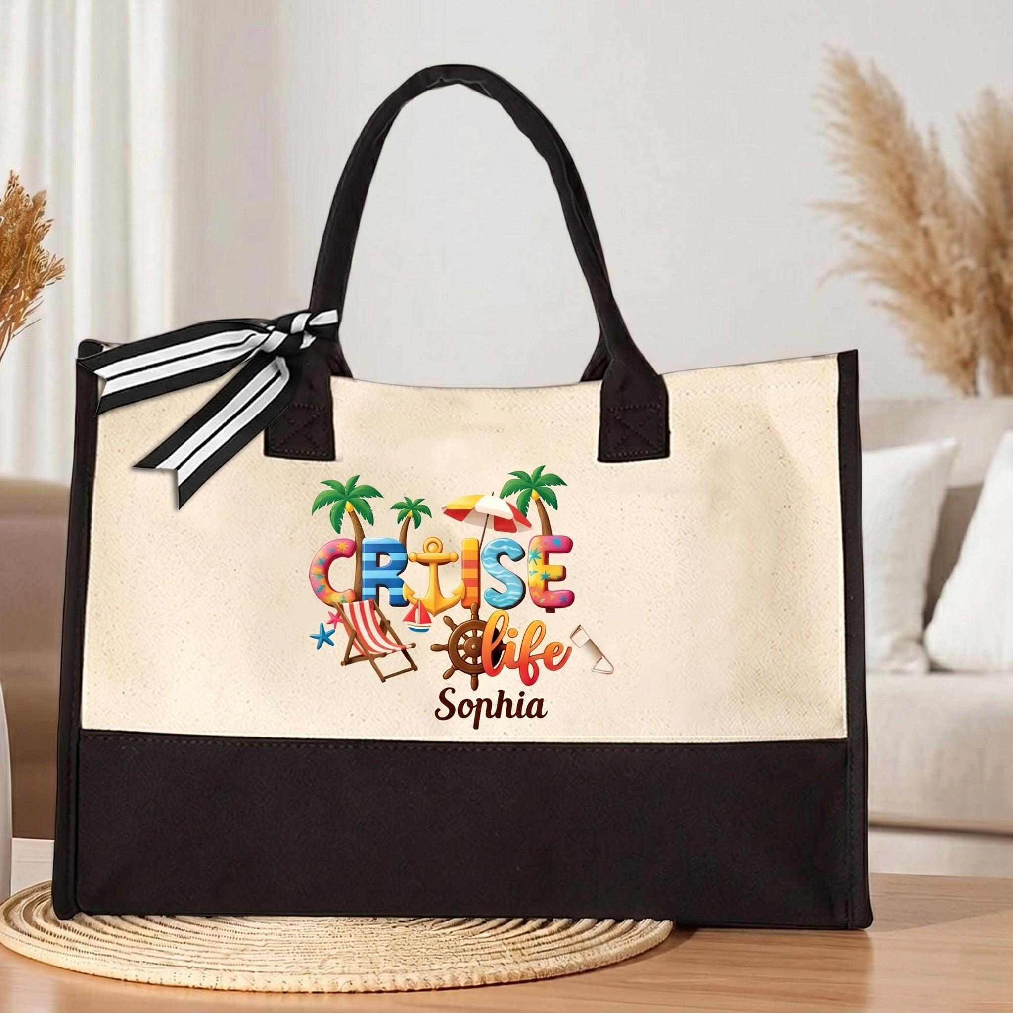 Custom Name Summer Trip Tote Personalized Canvas Beach Bag For Women Girls Trip Preppy Coastal Coquette Aesthetic Natural Beige Black Canvas Bridesmaid Bachelorette Vacation Gift Destination Holiday Travel Essentials Ribbon Bow