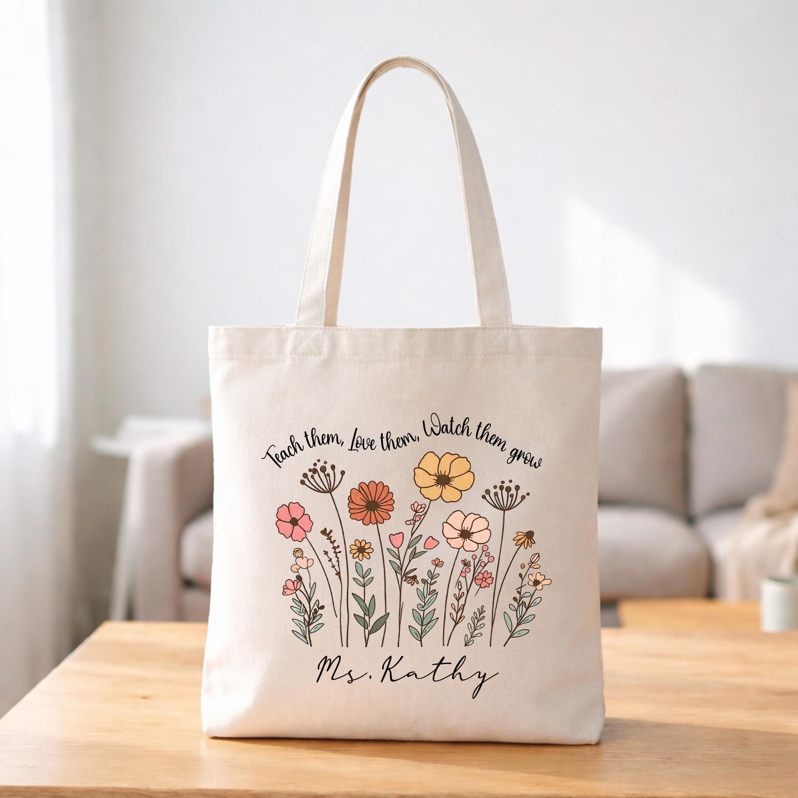 Personalized Teacher Tote Bag Custom Name Canvas Bag Teach Love Watch Them Grow Boho Floral Aesthetic Natural Cotton Shoulder Handbag For Back To School Teacher Appreciation Gift Storage Organizer
