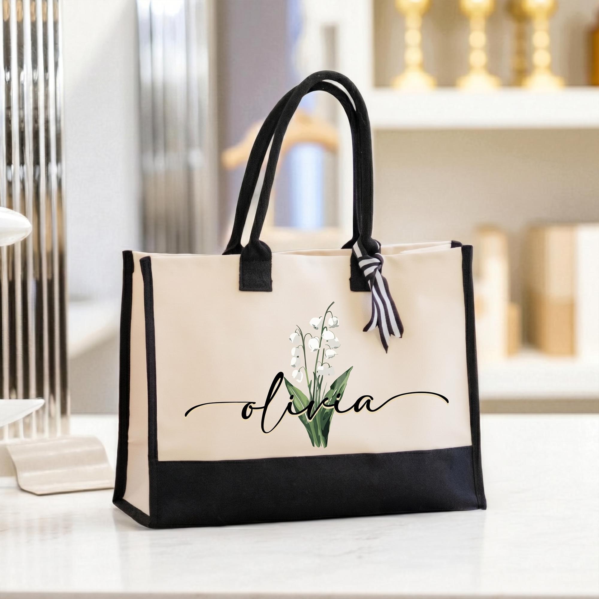 Trendy Personalized Custom Birth Month Flower Name Canvas Tote Bag For Women Preppy Coquette Botanical Aesthetic Beige Black Canvas Birthday Gift Monogram Reusable Shopper Shoulder Bag Summer Travel Vacation Accessories