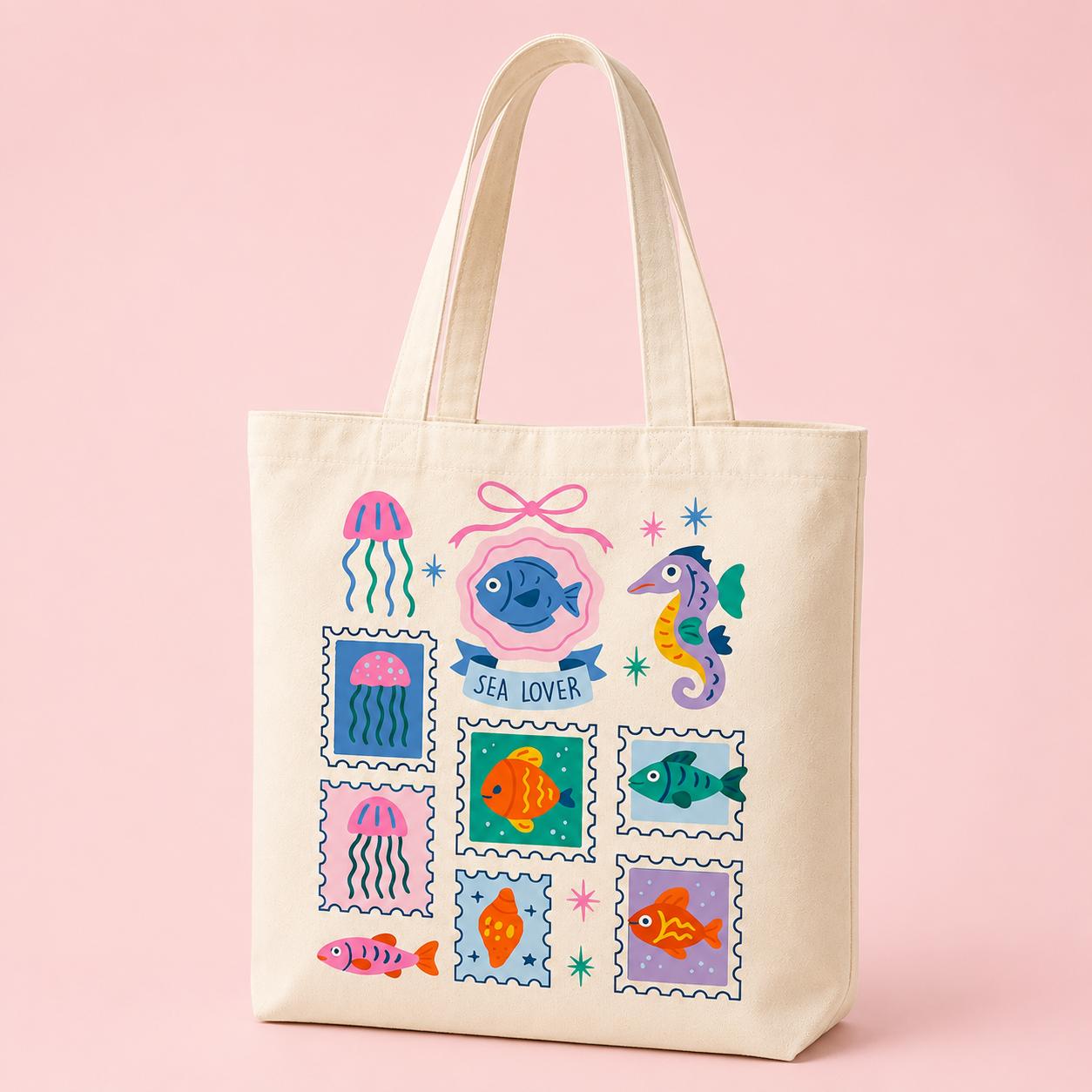 Sea Lover Cute Canvas Tote Bag Retro Ocean Stamp Graphic Shoulder Bag Colorful Jellyfish Seahorse Fish Cotton Book Bag Summer Beach Travel Grocery Tote