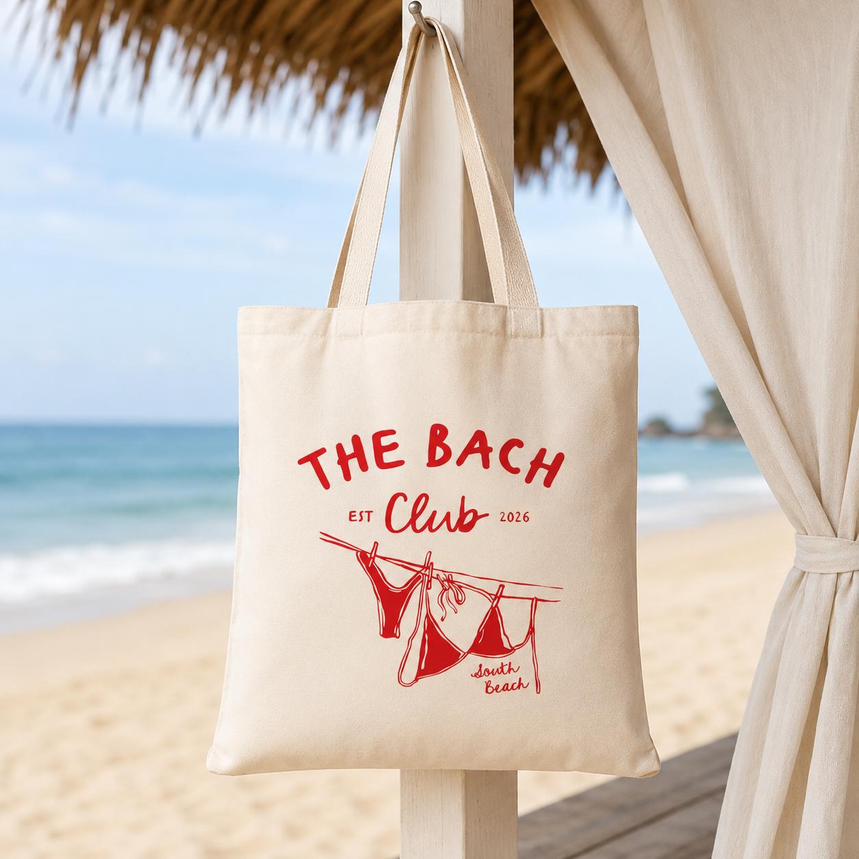 Bachelorette Tote Bag The Bach Club South Beach Canvas Tote With Hand-Drawn Bikini Illustrations Personalized Bridesmaid Gift Beach Party Goodie Bag Bridal Shower Favors Miami Hen Party Tote