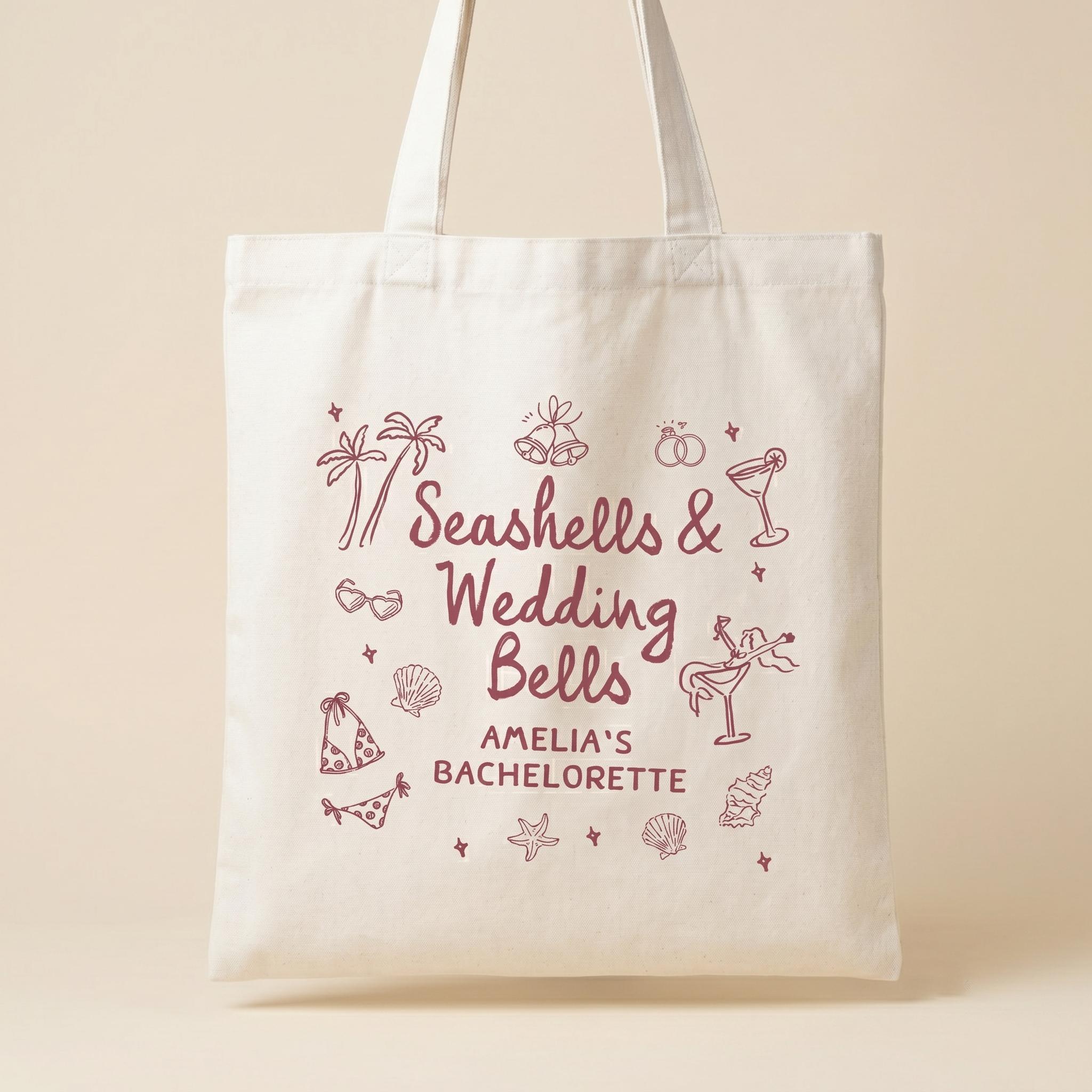 Custom Seashells & Wedding Bells Oversized Bachelorette Party Tote Bag For Bride And Bridesmaids Coastal Chic Preppy Aesthetic Eco-Friendly Canvas Bridesmaid Proposal Box Gift Durable Beach Bag With Custom Name