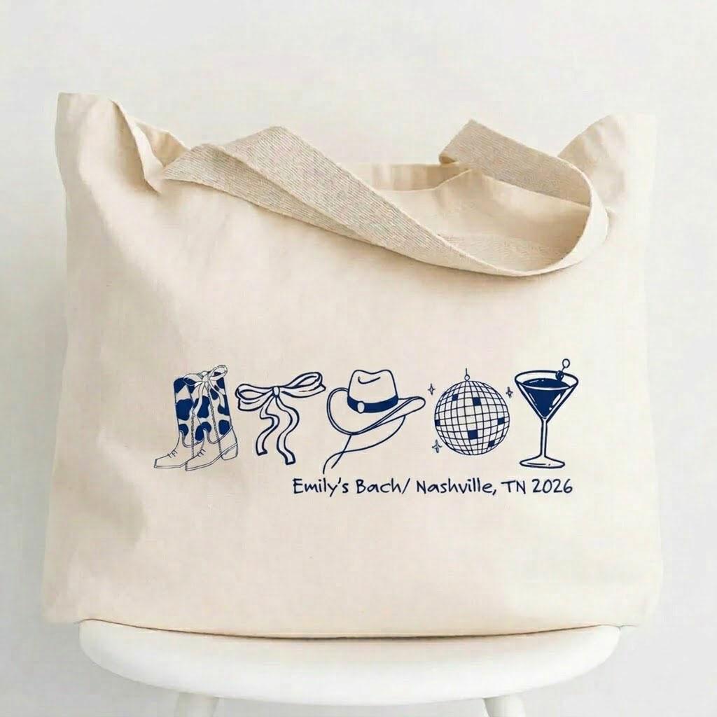 Personalized Custom Nashville Bachelorette Party Tote Bag For Bride And Bridesmaids, Western Disco Cowboy Aesthetic Canvas Gift Bag, Natural Cotton Reusable Last Rodeo Cowgirl Boot Martini Favors For Girls Trip