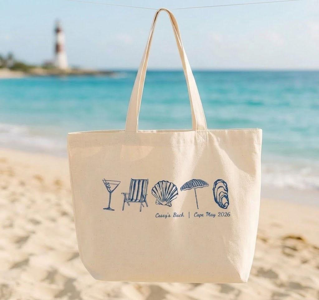 Personalized Coastal Doodle Bachelorette Welcome Canvas Tote Bag For Bridesmaids Preppy Coastal Aesthetic Natural Beige Cotton Last Toast On The Coast Destination Beach Wedding Favor Hand Drawn Seashells