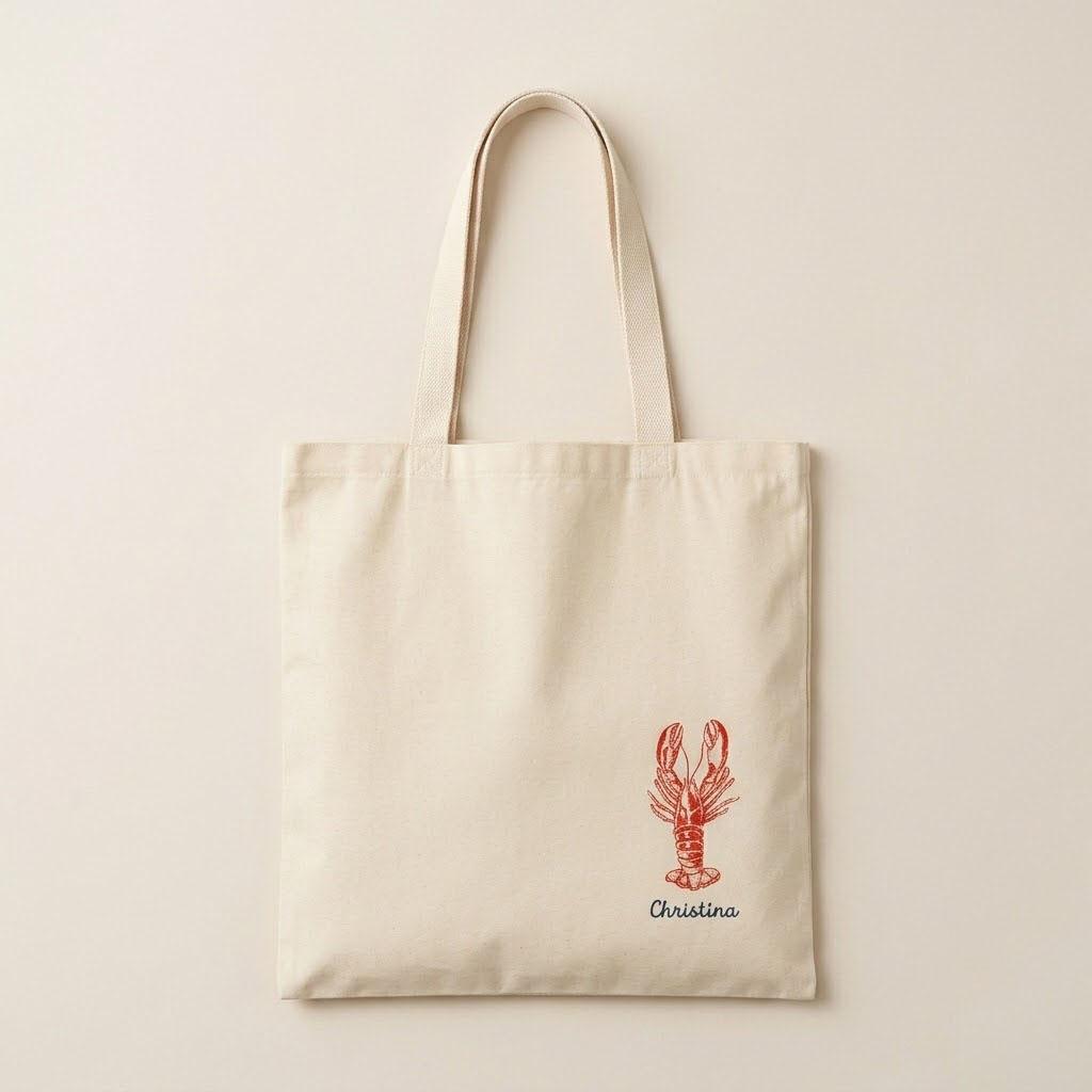 Personalized Lobster Hand-Drawn Illustration Bachelorette Tote Bag For Bridesmaids Bridal Party Nautical Coastal Custom Preppy Aesthetic Natural Eco-Friendly Canvas Destination Bach Trip Favors Reusable Weekend Tote